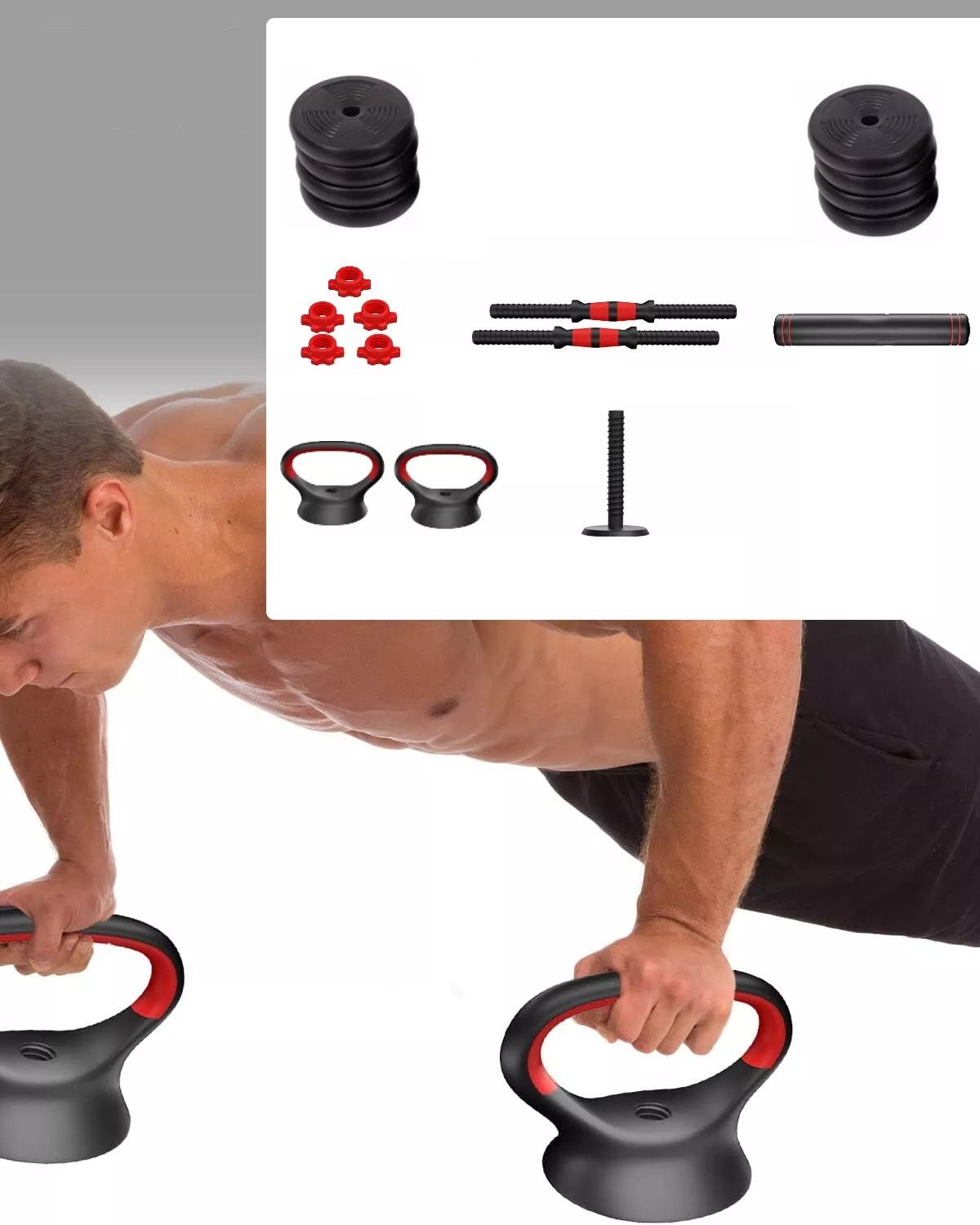 Uomo fa flessioni con kettlebell. Kettlebell neri con impugnature rosse. Set fitness.