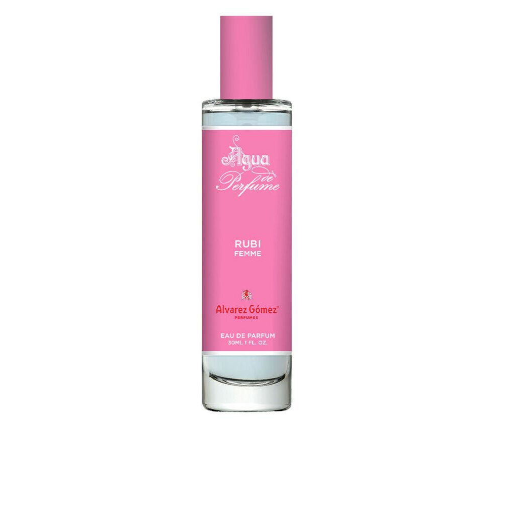 Flacone rosa con tappo rosa. Scritte: Agua Perfume, Rubí Femme, Alvarez Gómez. Eau de Parfum, 30ml, 1 fl oz.