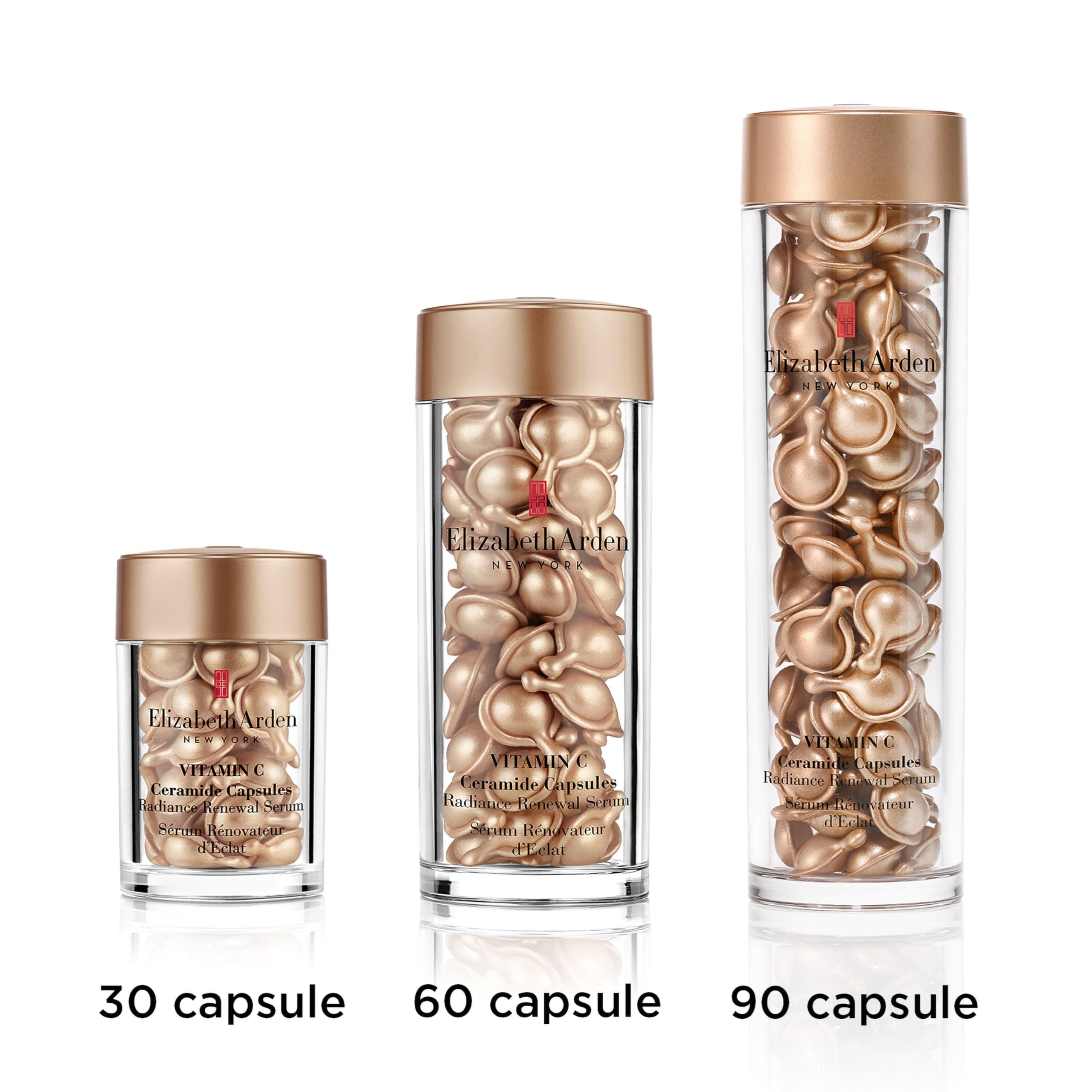 Tre contenitori di capsule di vitamina C Ceramide. Formati: 30, 60 e 90 capsule. Capsule dorate in contenitori trasparenti.