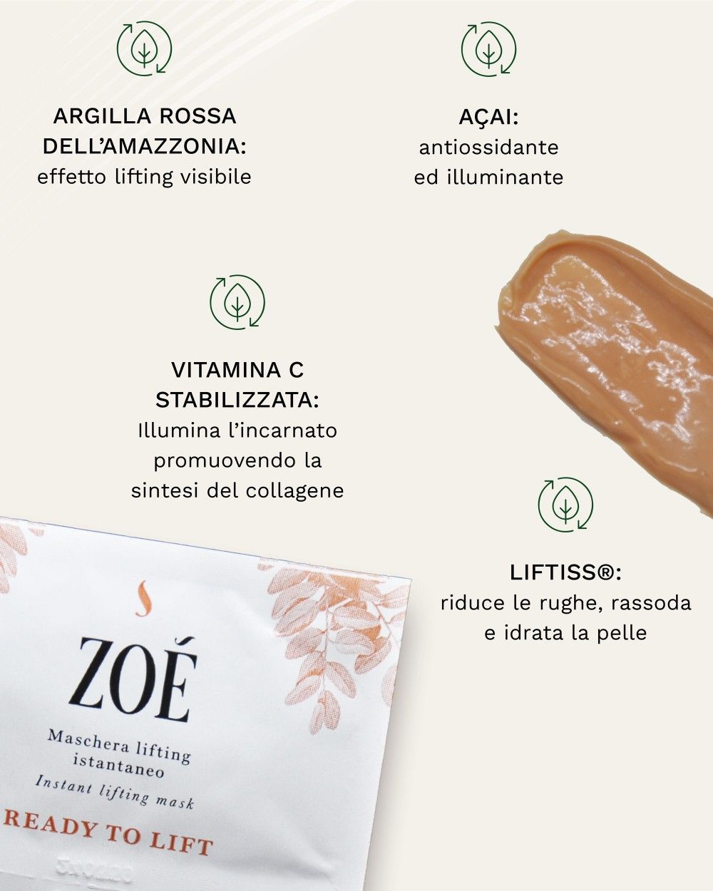 Busta con testo: ZOE, READY TO LIFT, Maschera lifting istantaneo. Campione di prodotto e ingredienti.