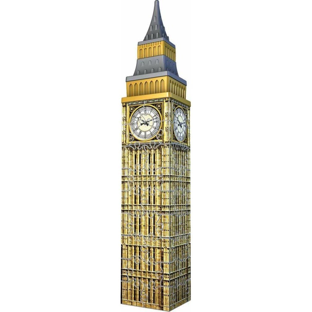 Puzzle 3D Big Ben assemblato. Torre dorata e grigia con orologi. Senza sfondo. 24,3 cm di altezza.