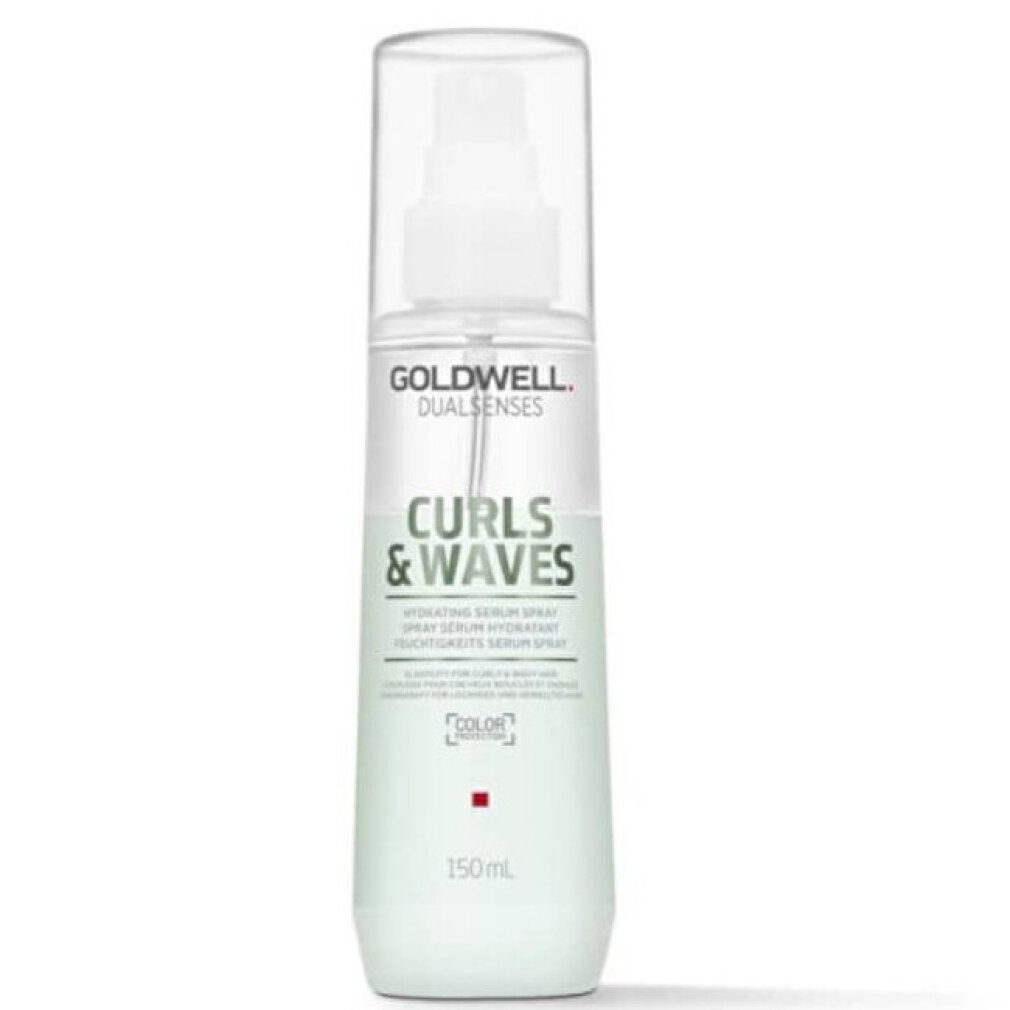 Flacone spray con tappo bianco. Scritta: GOLDWELL DUALSENSES, CURLS & WAVES. Liquido verdognolo visibile. 150ml.