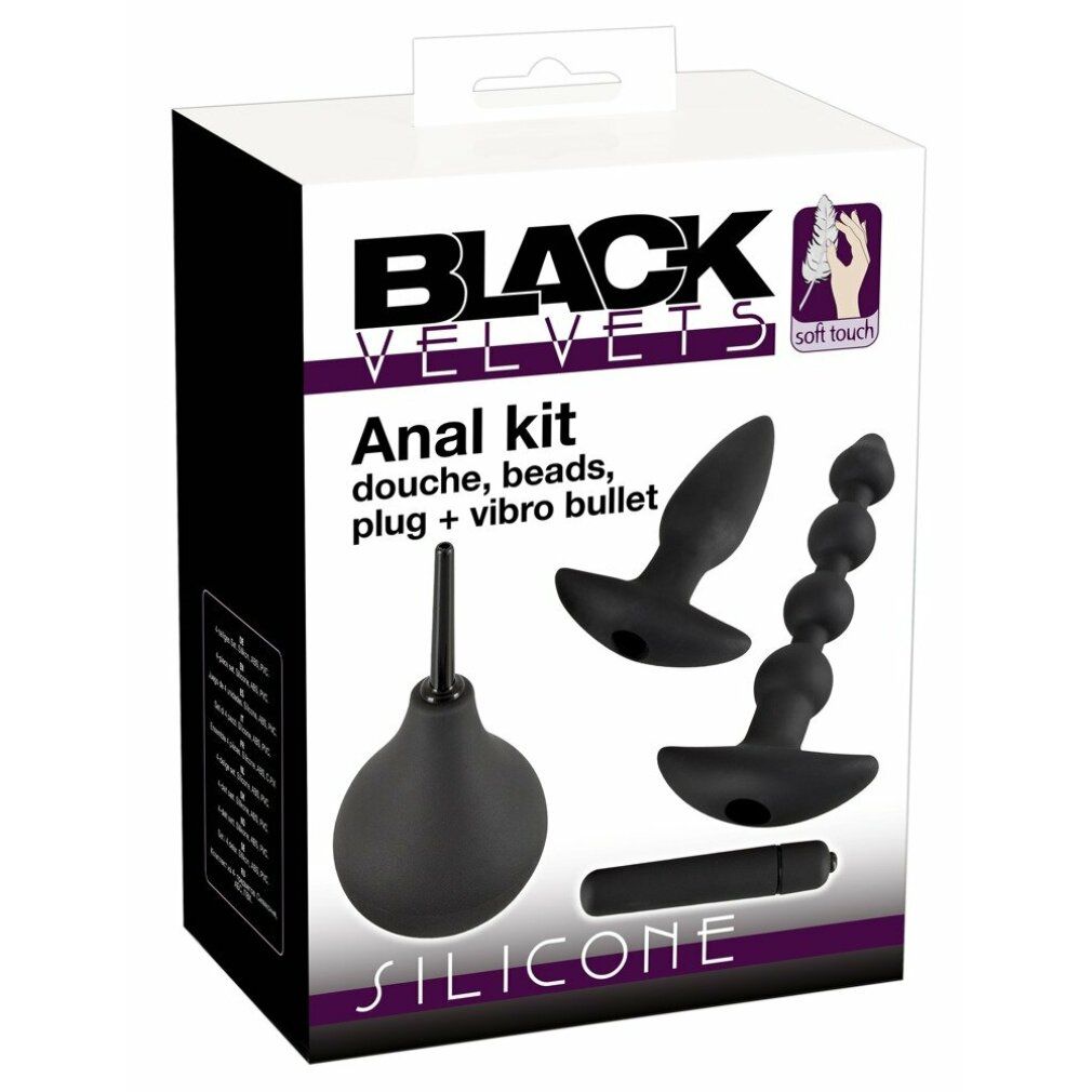 Kit anale nero in confezione. Include kit anale, perline, plug e vibro bullet. Confezione con logo e nome del prodotto.