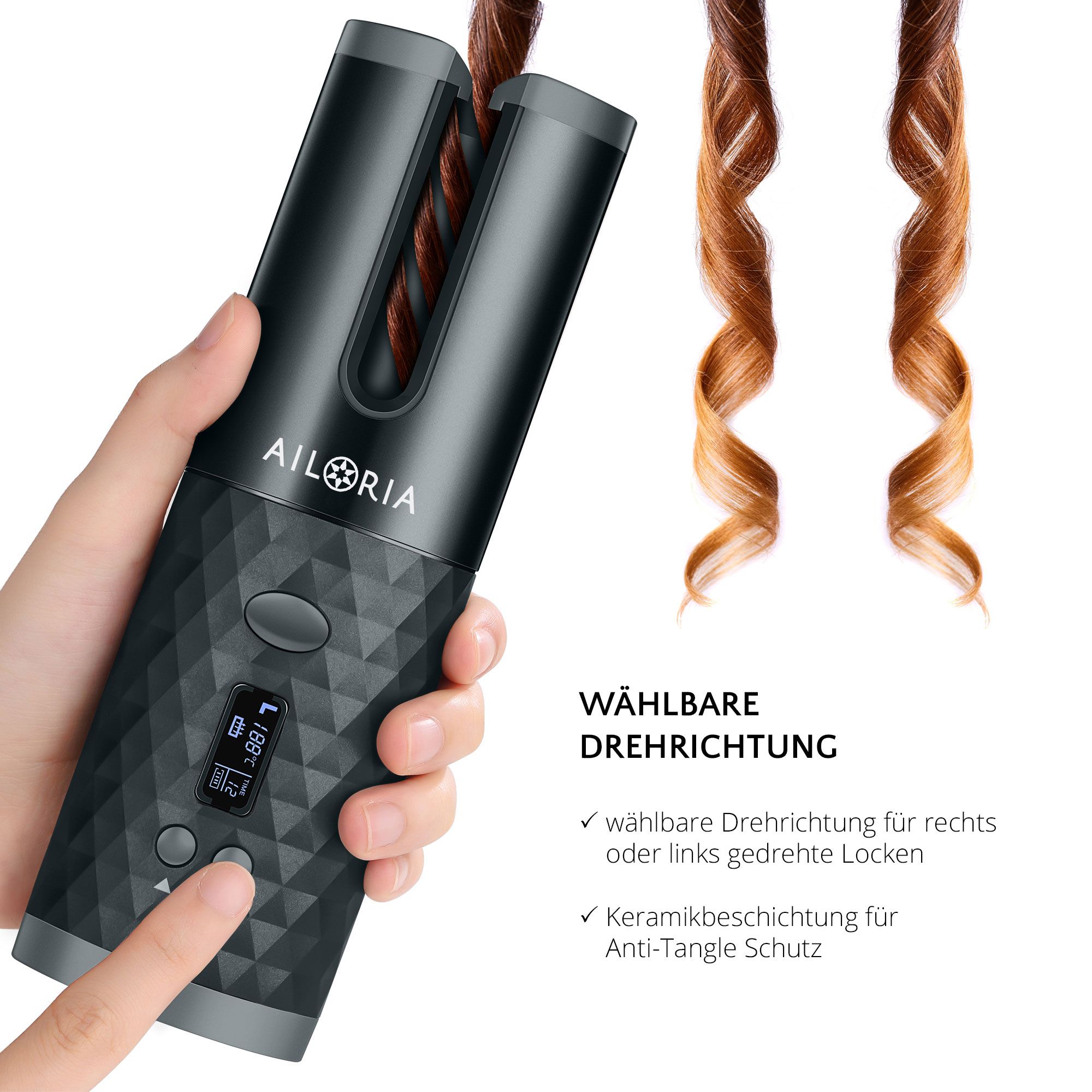 AILORIA REVOLUTIONNE Arricciacapelli automatico con riccioli. Direzione di rotazione selezionabile. Rivestimento in ceramica. Testo: DIREZIONE ROTAZIONE SELEZIONABILE.