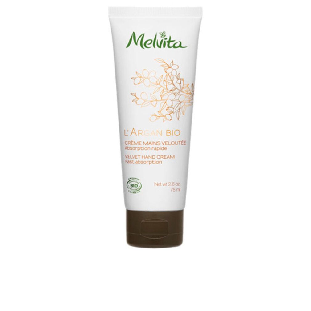 Crema mani Melvita L'Argan Bio in tubo. Bianco, con tappo marrone. Testo e logo. Certificazione bio.