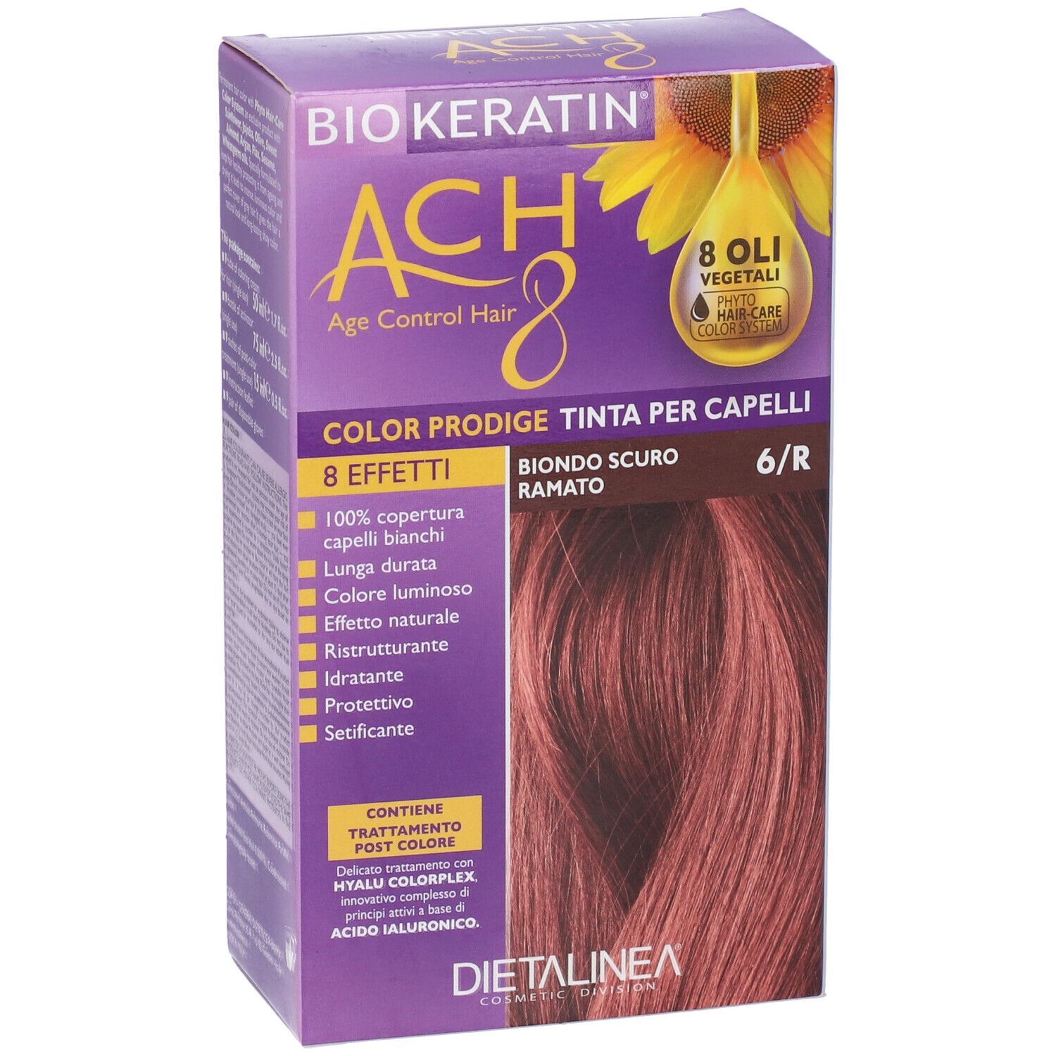 Confezione di tinta per capelli. Scritto: BIOKERATIN ACH8, Biondo Scuro Ramato 6/R. Immagine del colore dei capelli.