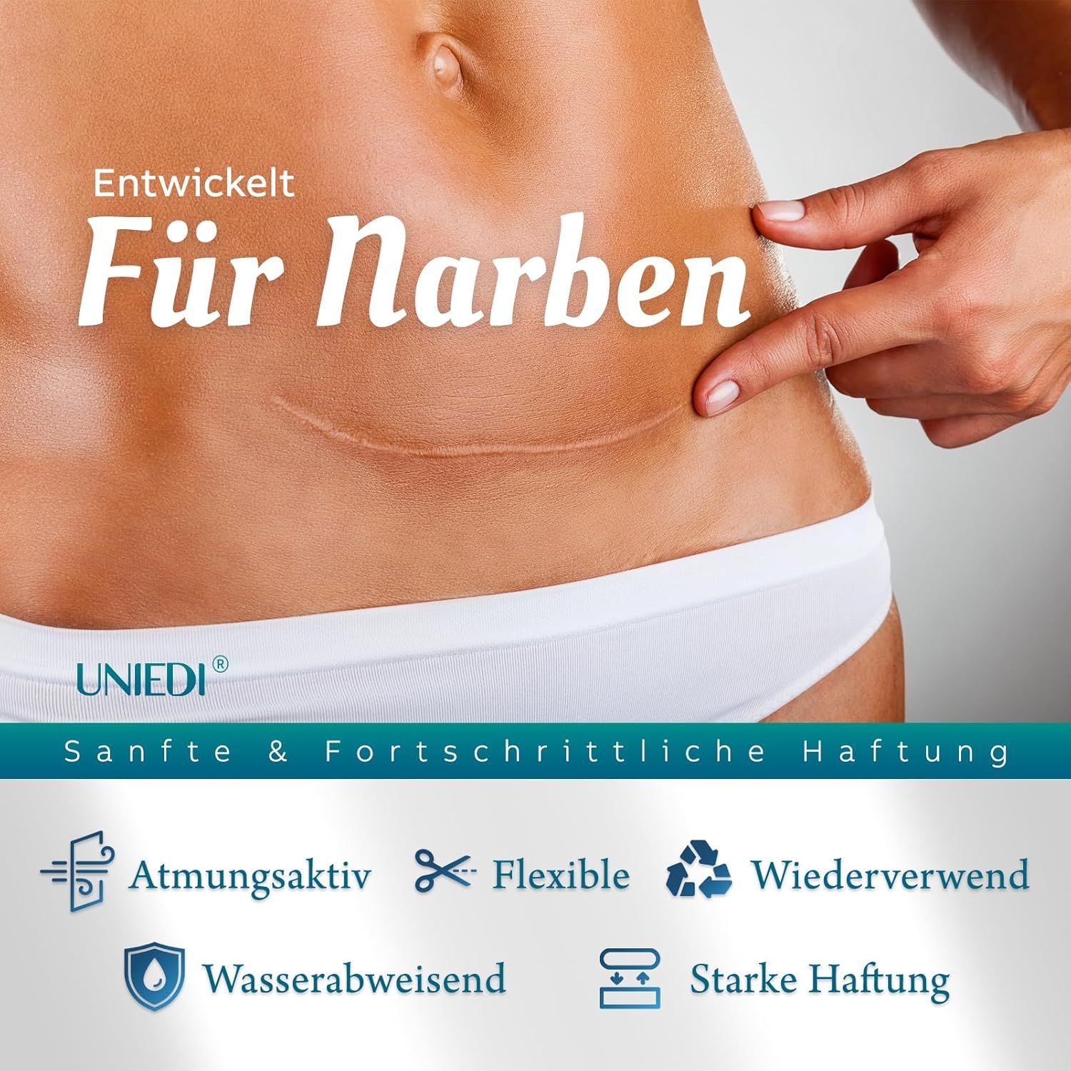 Come funziona: idratare, lenire, bilanciare, proteggere. Cerotti in silicone per cicatrici. Testo: Cerotti in silicone di qualità premium.