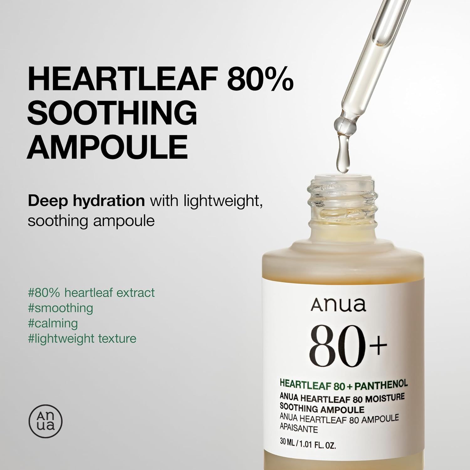 Flacone con contagocce, liquido che gocciola. Testo: Heartleaf 80% Soothing Ampoule. Marchio: Anua. Tag testuali aggiuntivi.