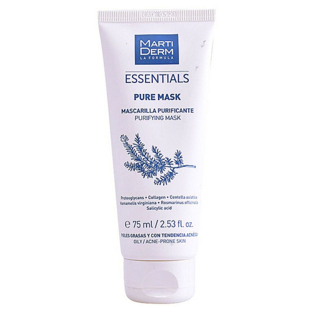 Tubo bianco con scritta blu: Marti Derm Essentials Pure Mask. Contiene 75 ml. Per pelli grasse e a tendenza acneica.