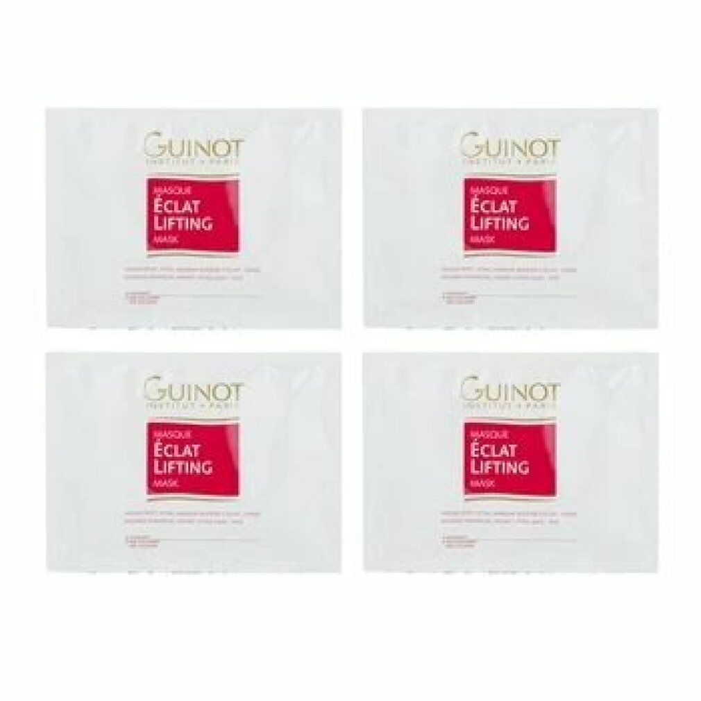 Quattro maschere Guinot Masque Eclat Lifting. Confezioni singole. Bustine bianche con rettangolo rosso e informazioni sul prodotto. Testo: Lift Firming Mask.