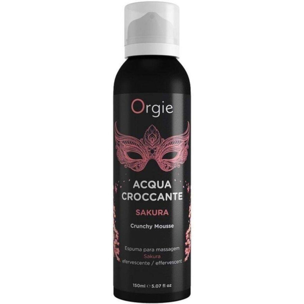 Flacone nero con erogatore bianco. Scritta: Orgie, Acqua Croccante Sakura Crunchy Mousse. Design maschera rosa.