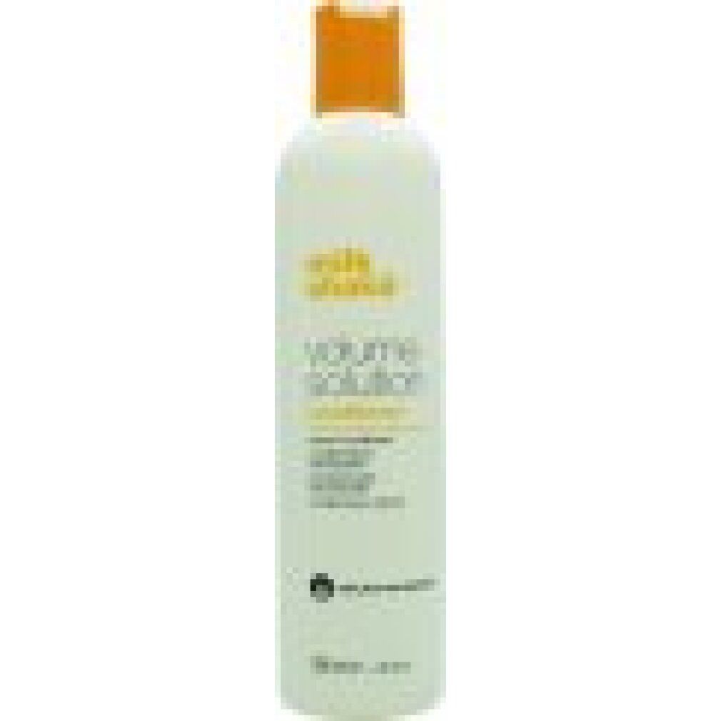 Flacone bianco con tappo arancione e scritta gialla: milk_shake, volume solution.