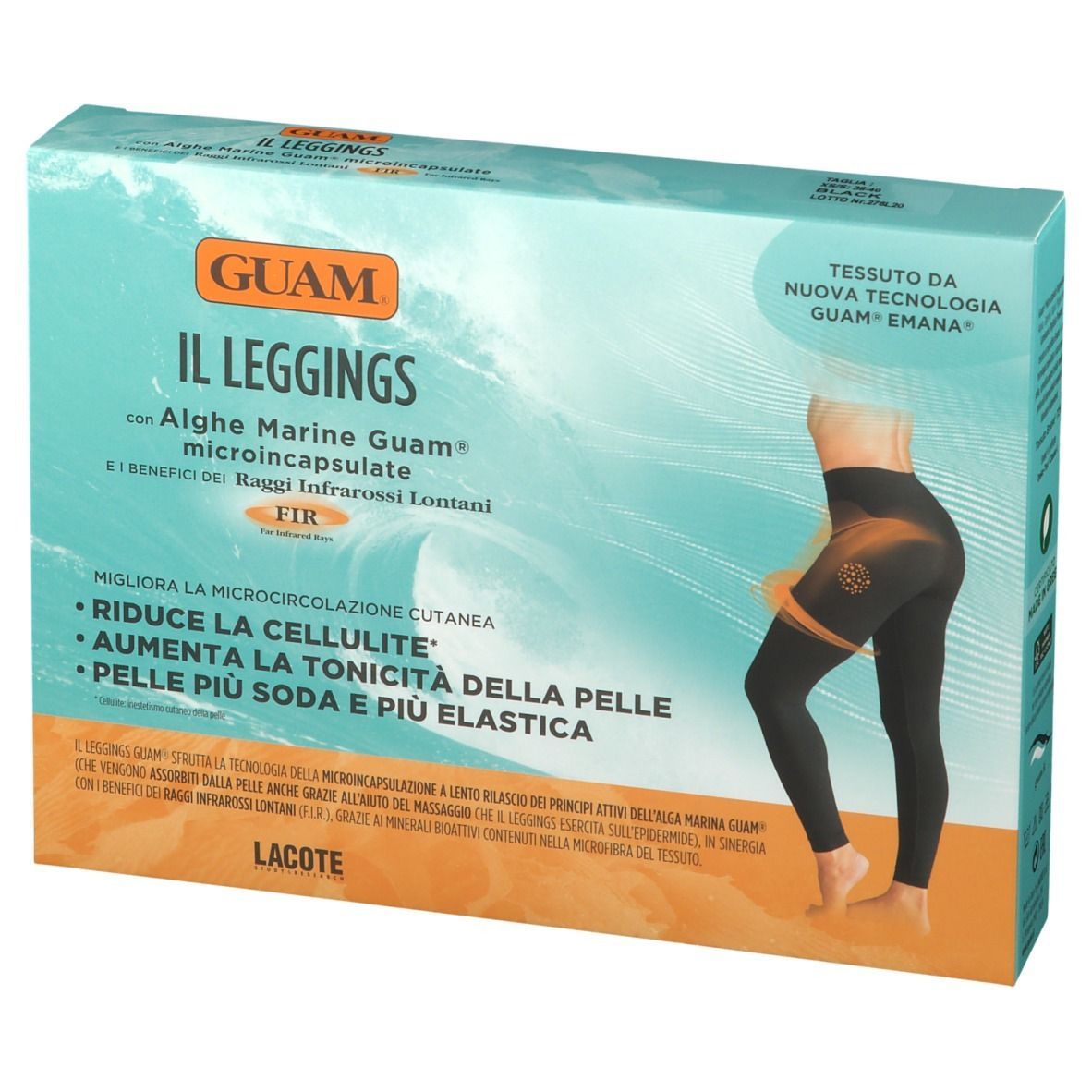 Confezione di GUAM® Il Leggings XS-S. Scritta: Il Leggings, alghe, microcapsule. Immagine di donna con leggings.