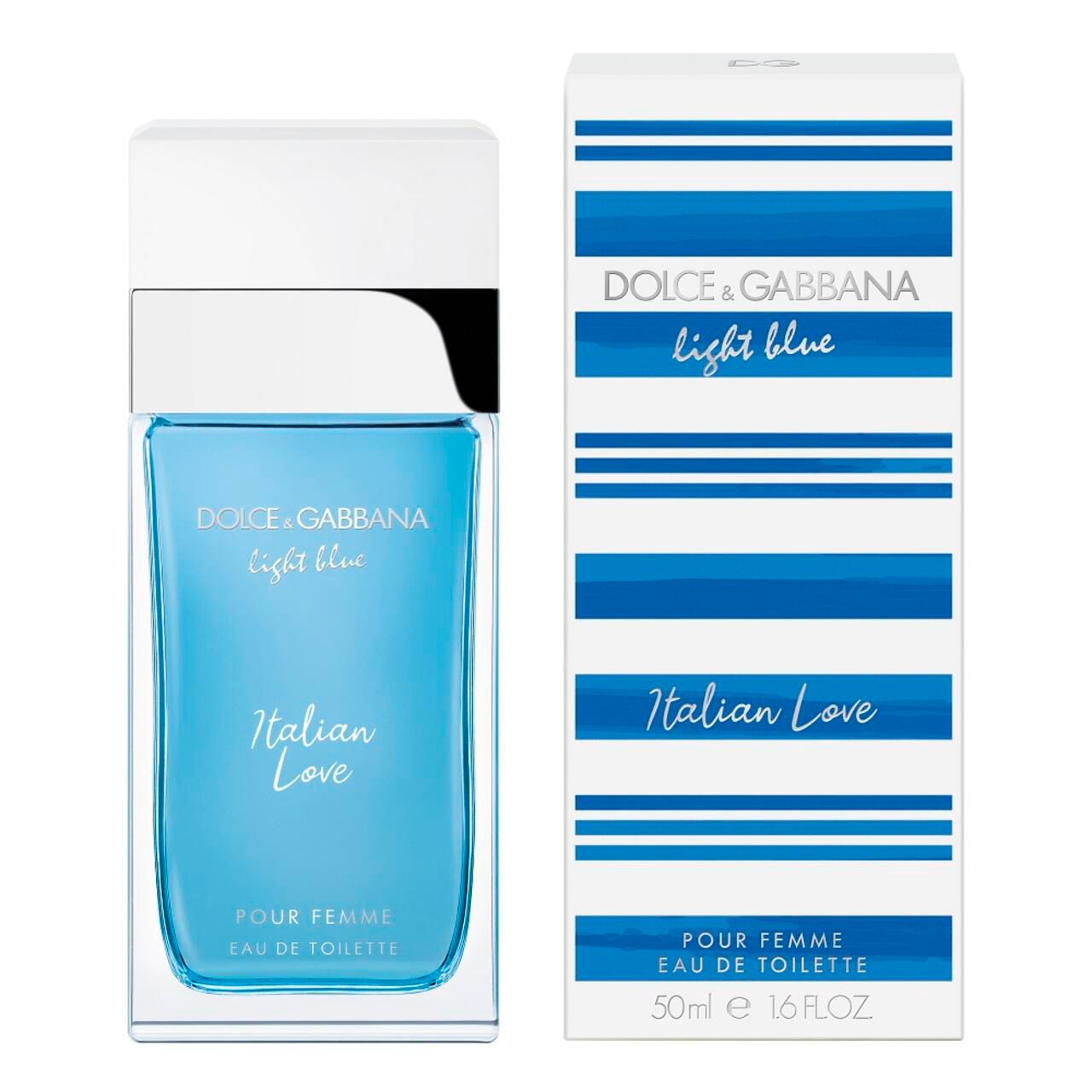 Flacone e confezione Dolce & Gabbana Light Blue Italian Love. Flacone rettangolare, tappo bianco, liquido blu. Confezione a strisce.