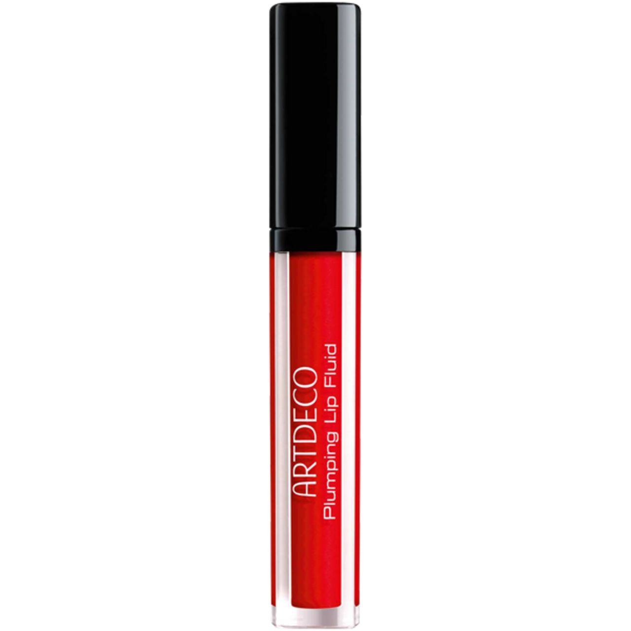 Artdeco Plumping Lip Fluid in flacone rosso. Tappo nero, flacone trasparente con contenuto rosso. Nome del prodotto.