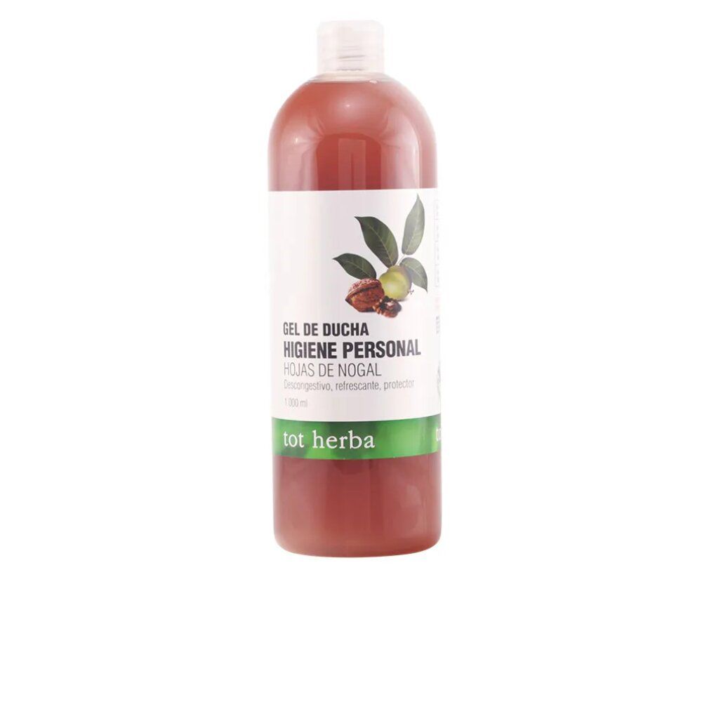 Flacone di gel doccia rosso. Etichetta con nome del prodotto e illustrazione di noci. Marca: tot herba. 1000 ml.