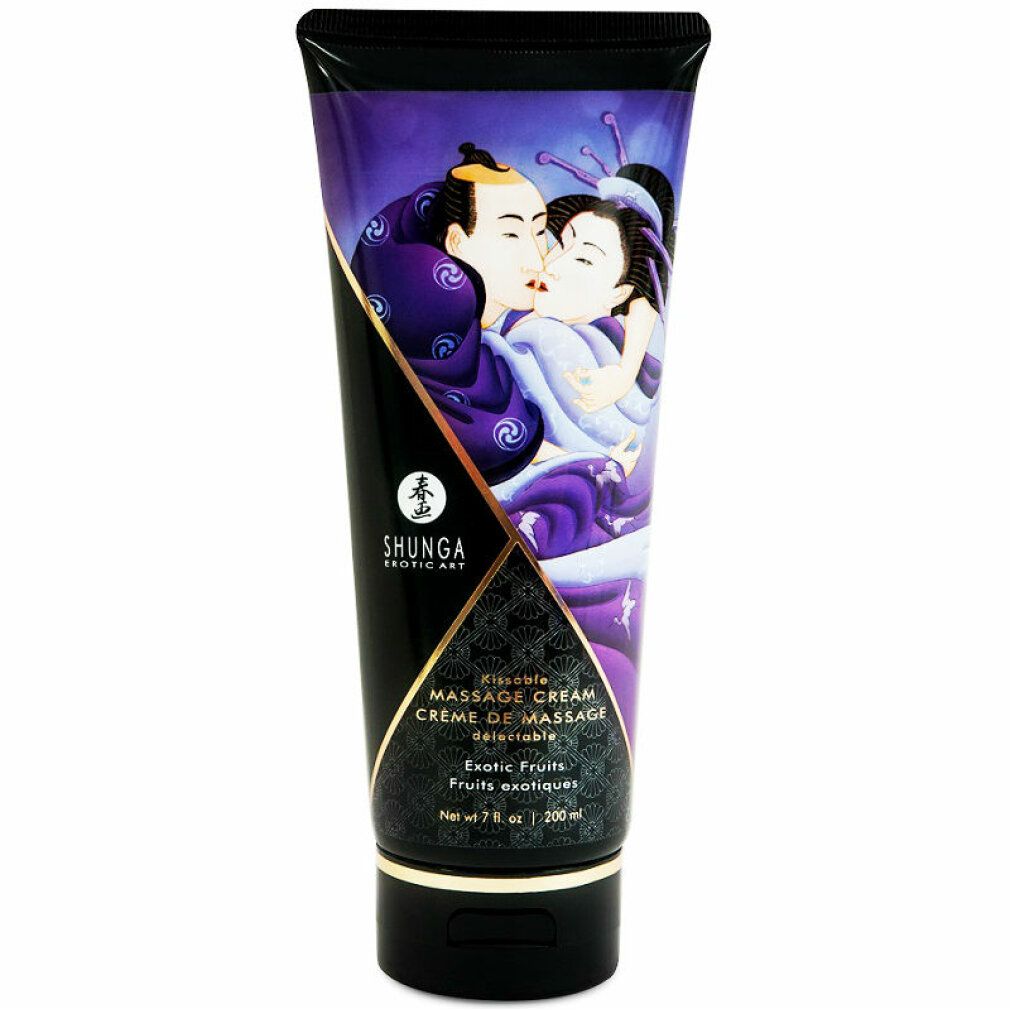 Tubo di crema massaggio, Shunga Exotic Art. Illustrazione di coppia. Scritta: Massage Cream, Exotic Fruits. Tappo nero, tubo viola.