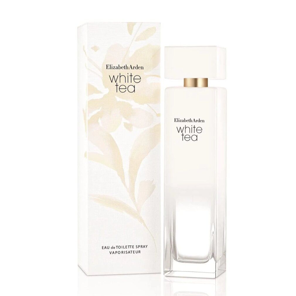 Flacone di profumo bianco e scatola. Scritta: White Tea, Elizabeth Arden. Eau de Toilette Spray.