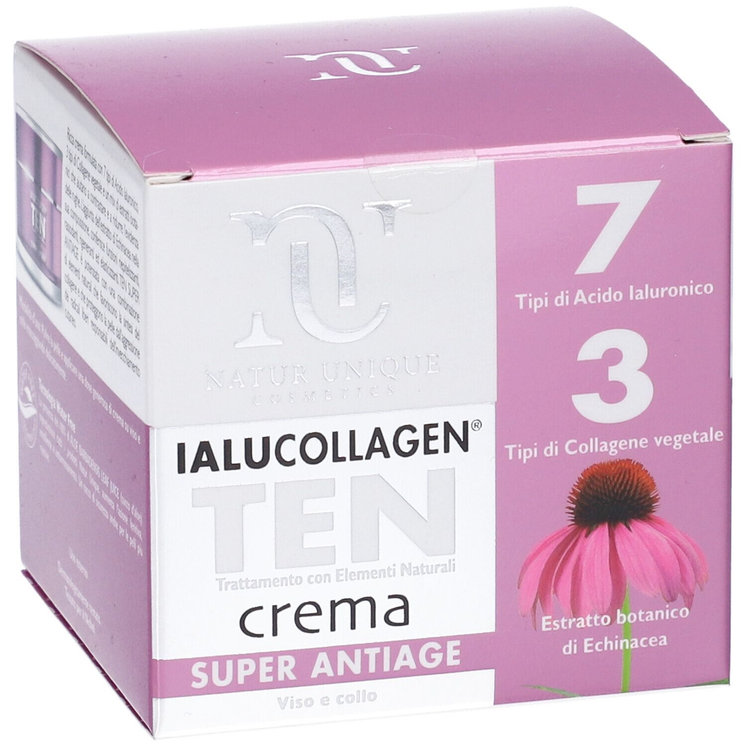 Confezione crema. Scritta: IALUCOLLAGEN TEN crema SUPER ANTIAGE. Con 7 tipi di acido ialuronico e 3 di collagene vegetale.