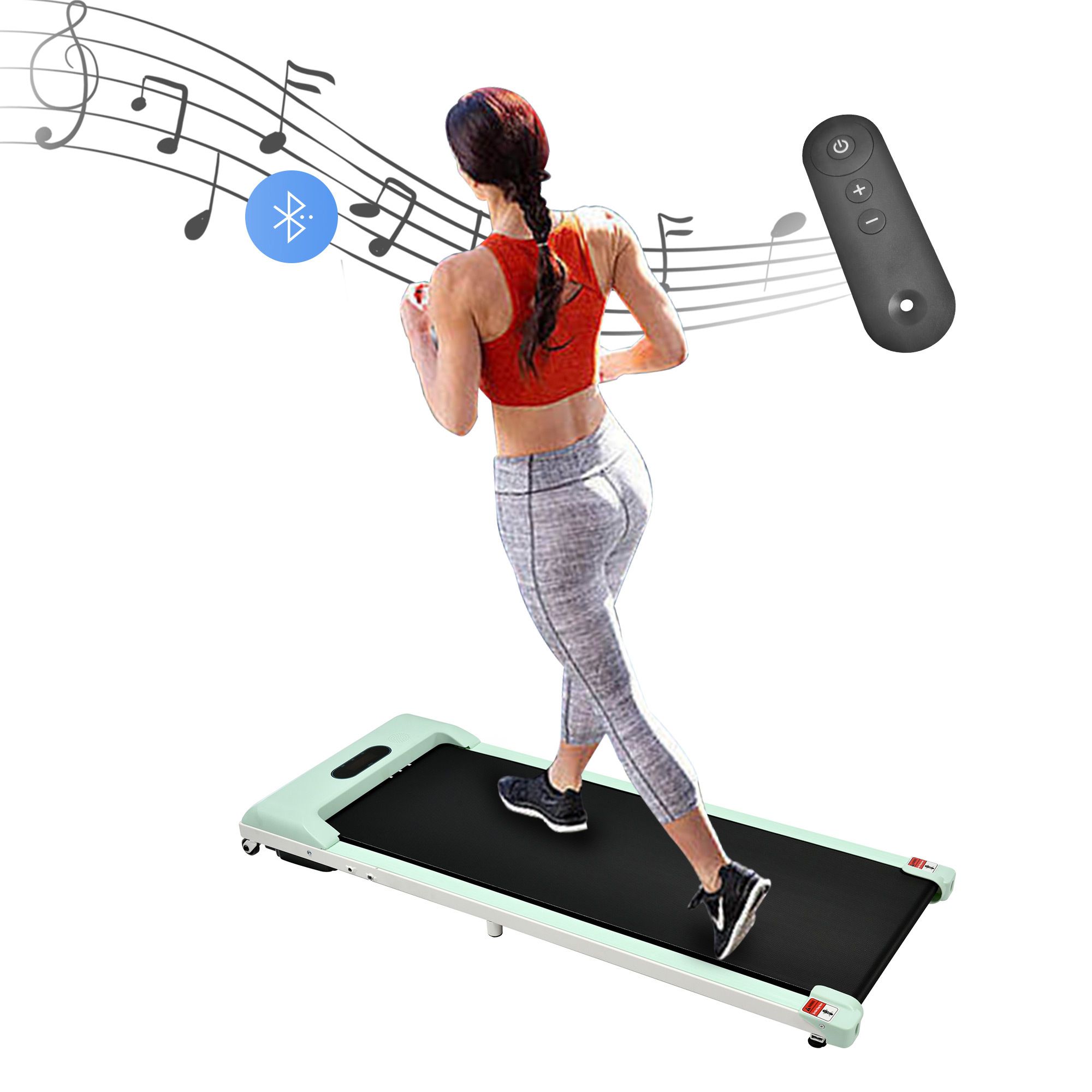 Tapis roulant compatto, persona che corre. Telecomando e simbolo Bluetooth. Note come elemento grafico.