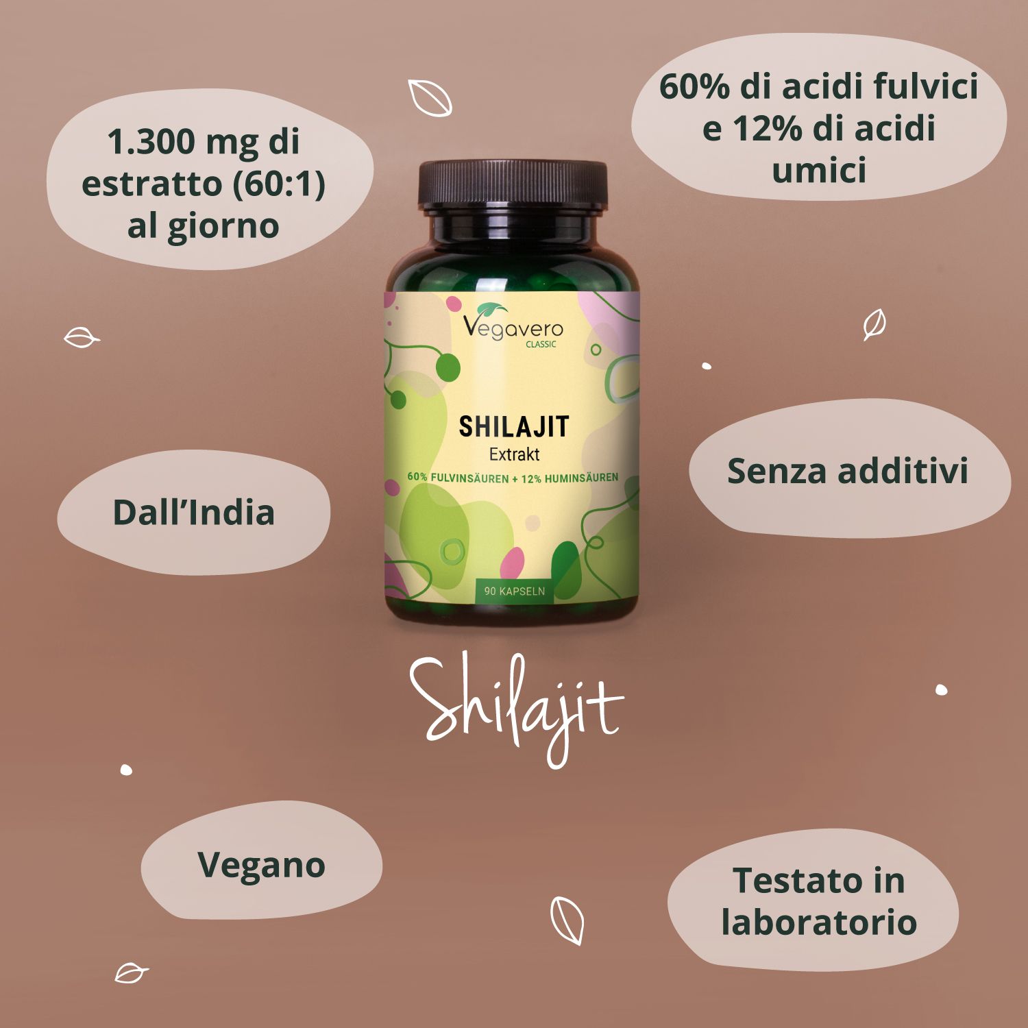 Flacone con testo. Testo: 1.300 mg di estratto (60:1) al giorno, Dall'India, Vegano, Testato in laboratorio, Senza additivi.