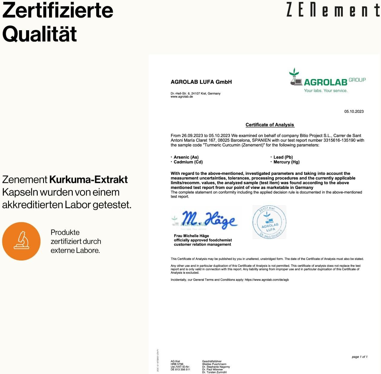 Documento di certificazione di AGROLAB LUFA GmbH. Testo: Qualità certificata. Estratto di curcuma Zement.