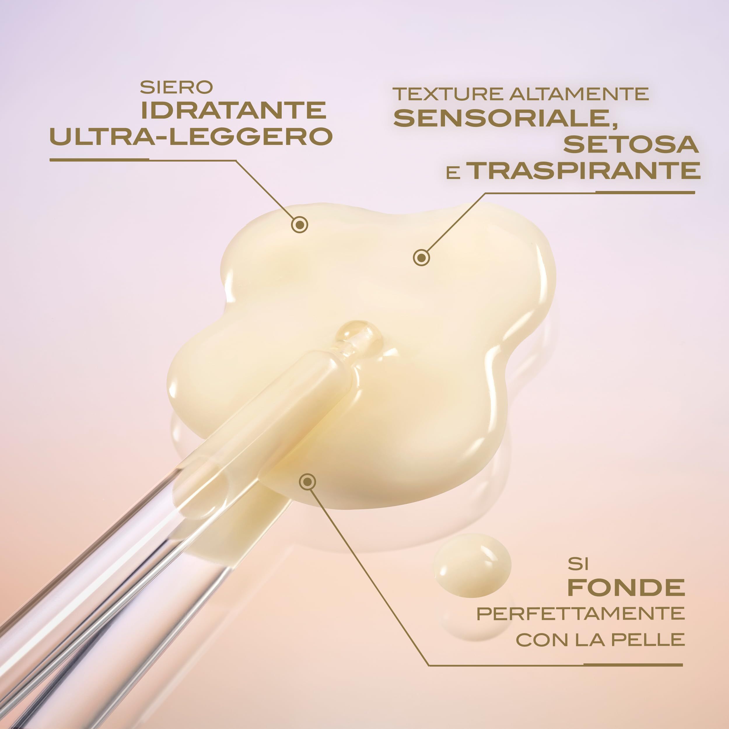 Siero su superficie con pipetta. Gocce di siero su superficie. Pipetta con siero. Testo: Siero ultra-leggero, texture sensoriale.