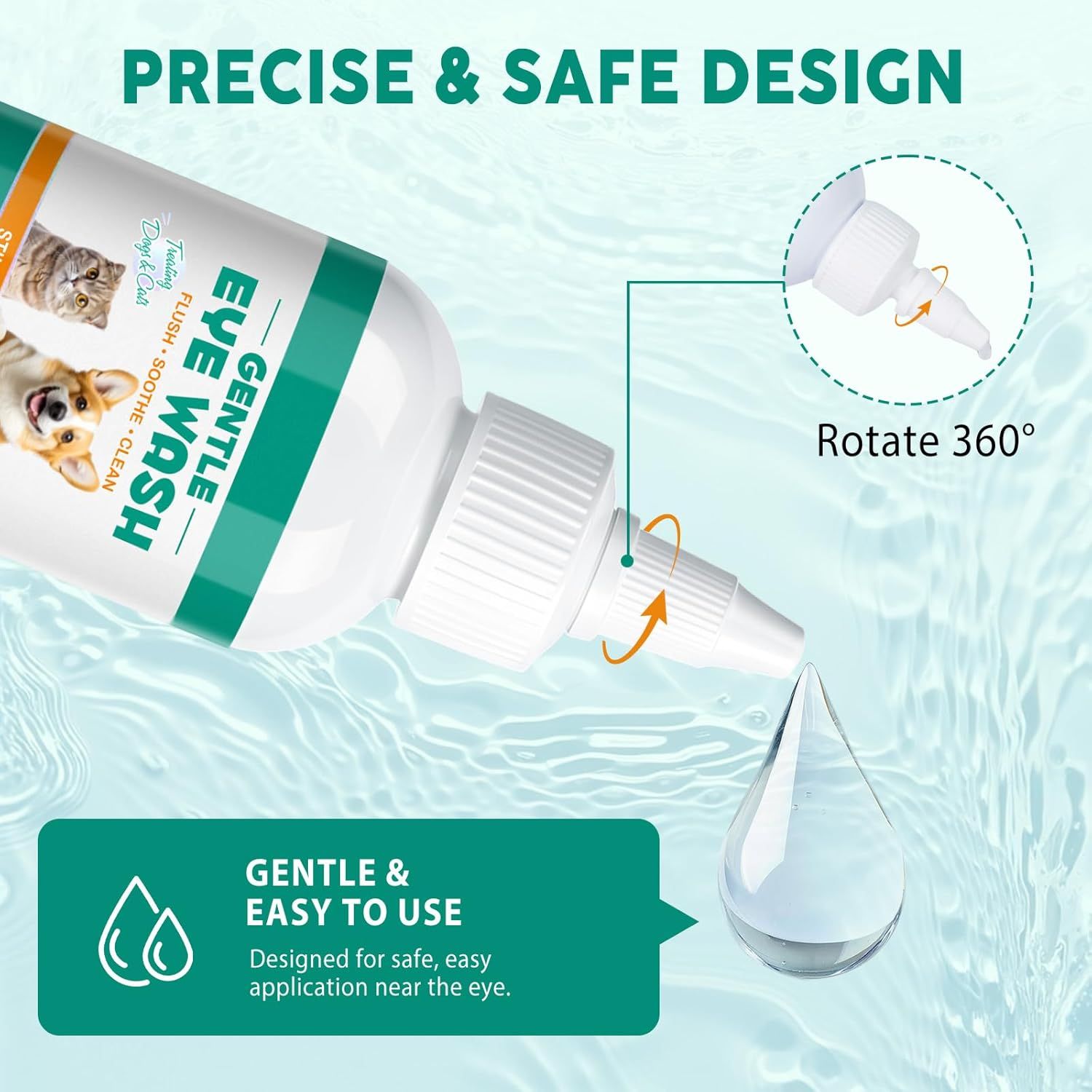 Flacone di lavaggio oculare con applicatore girevole. Goccia. Testo: Gentle & Easy to Use. Design preciso e sicuro.