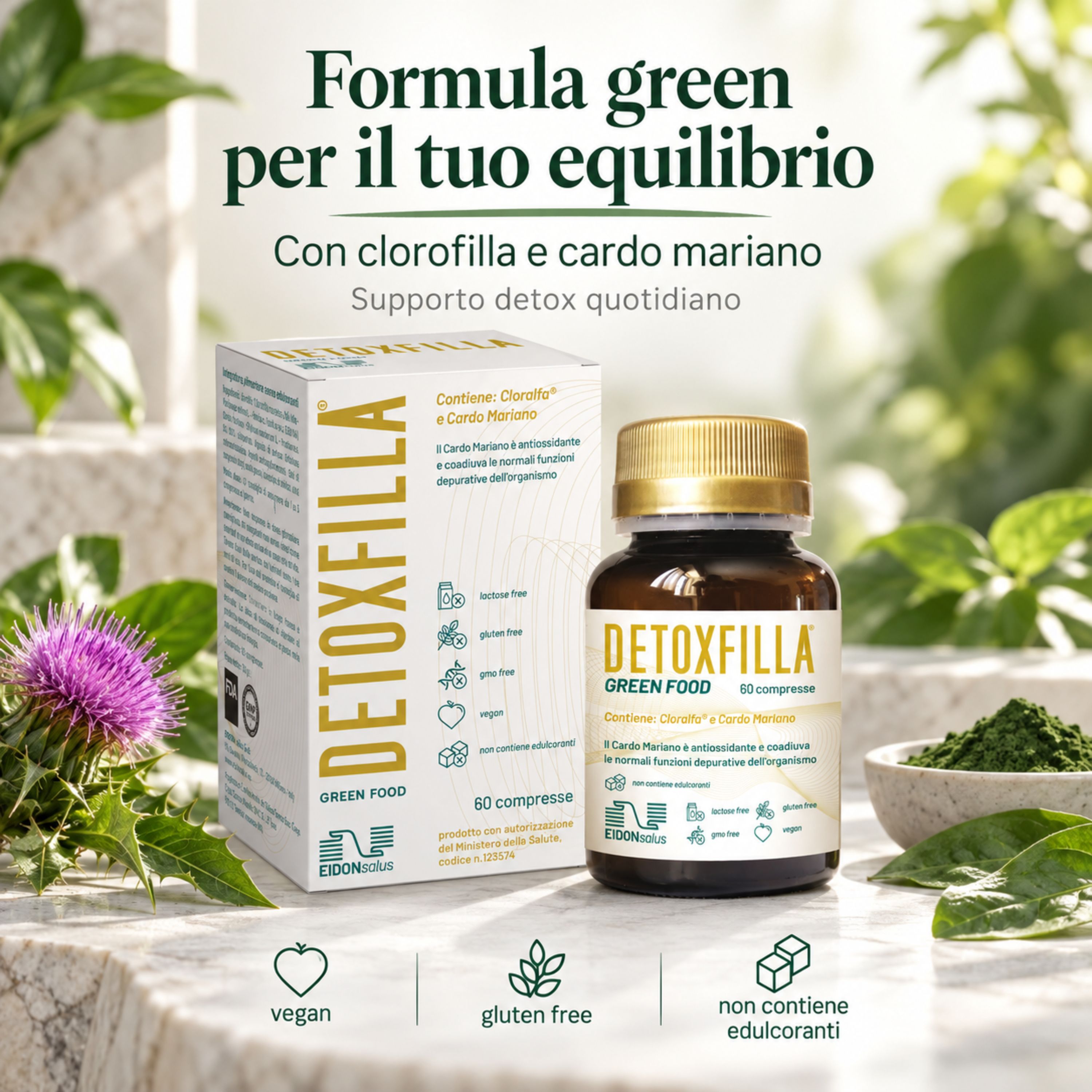 DETOXFILLA Green Food: scatola e flaconcino di compresse verdi. Contiene Clorofilla & Cardo Mariano.