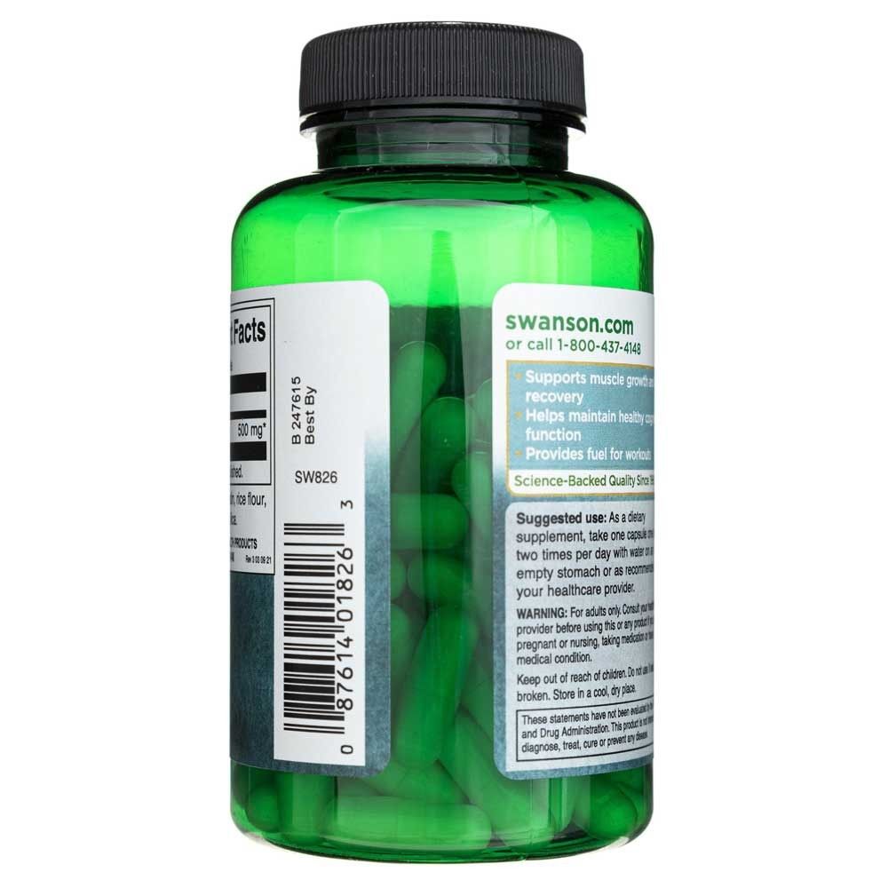 Vista laterale di un flacone verde di L-Glutammina Swanson 500 mg. Contiene informazioni sull'uso e avvertenze.