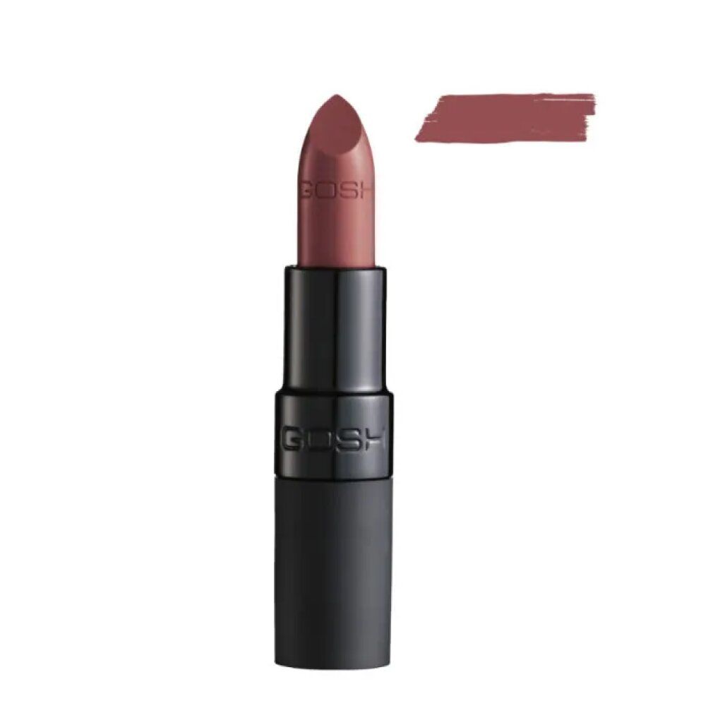 Rossetto con astuccio nero e colore rosa-marrone. Accanto, un campione di colore. Il nome del marchio GOSH è visibile sull'astuccio.