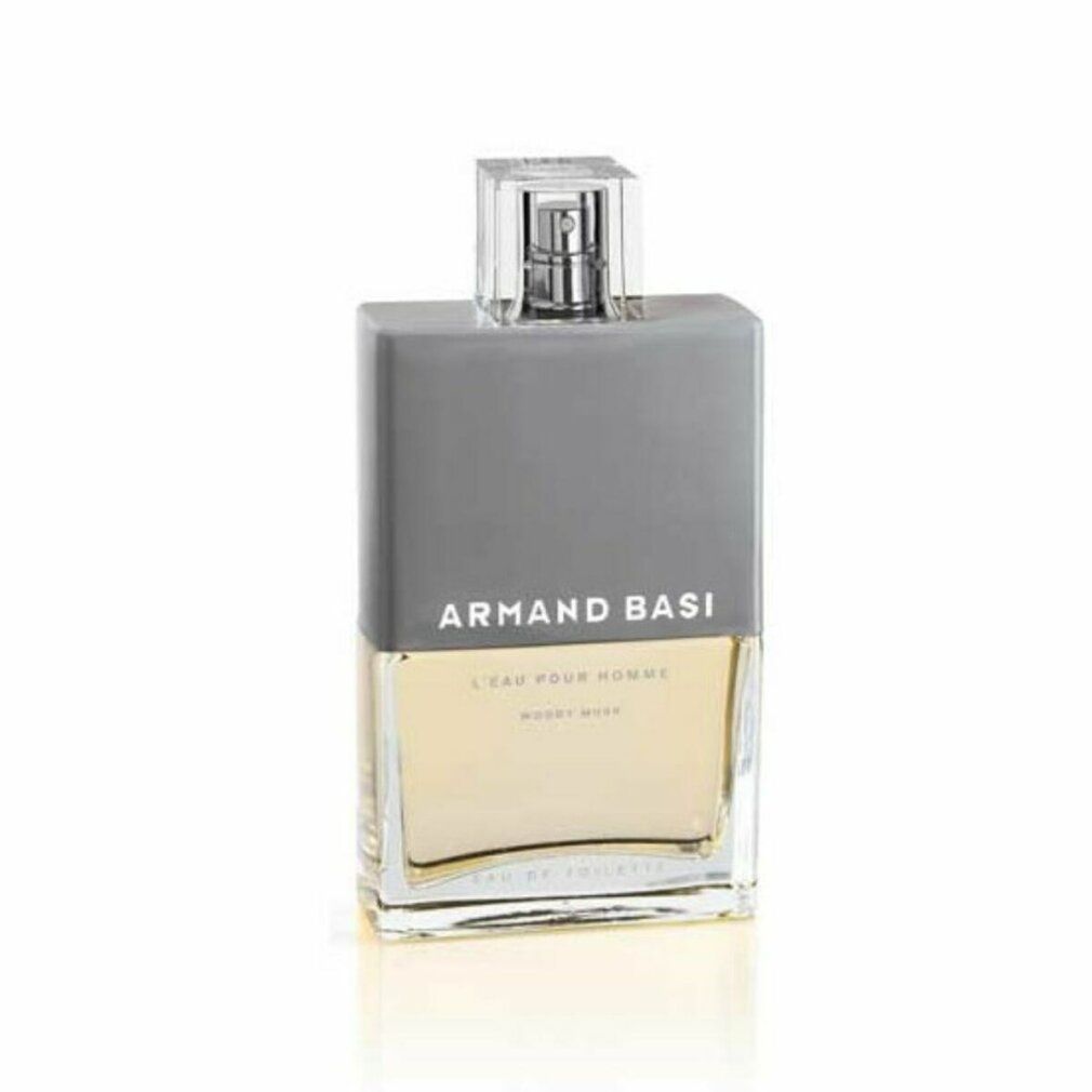 Flacone Armand Basi l'Eau Pour Homme. Forma rettangolare, tappo grigio, vaporizzatore trasparente. Scritta.