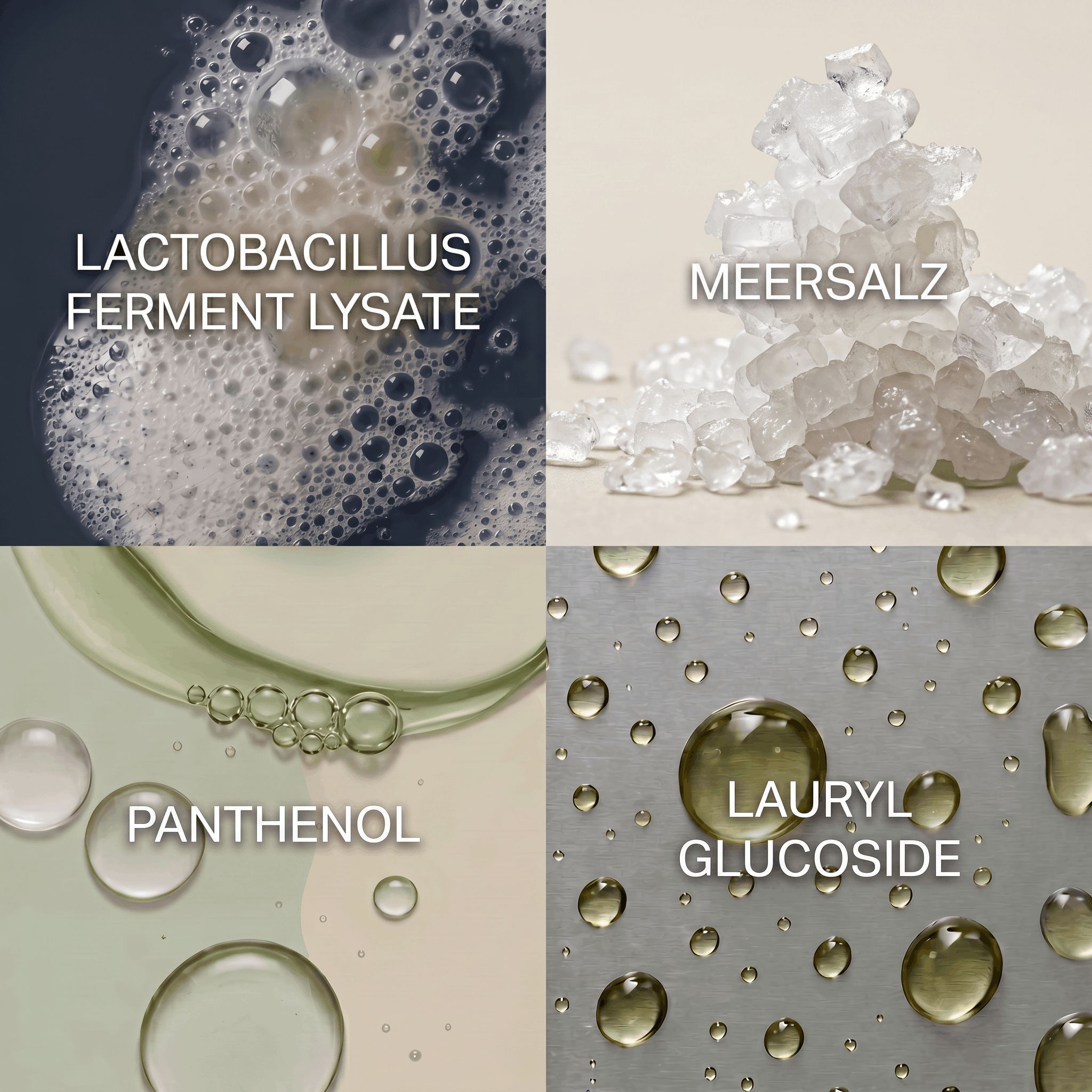 Quattro quadrati mostrano ingredienti: schiuma, sale marino, panthenolo e liquido.