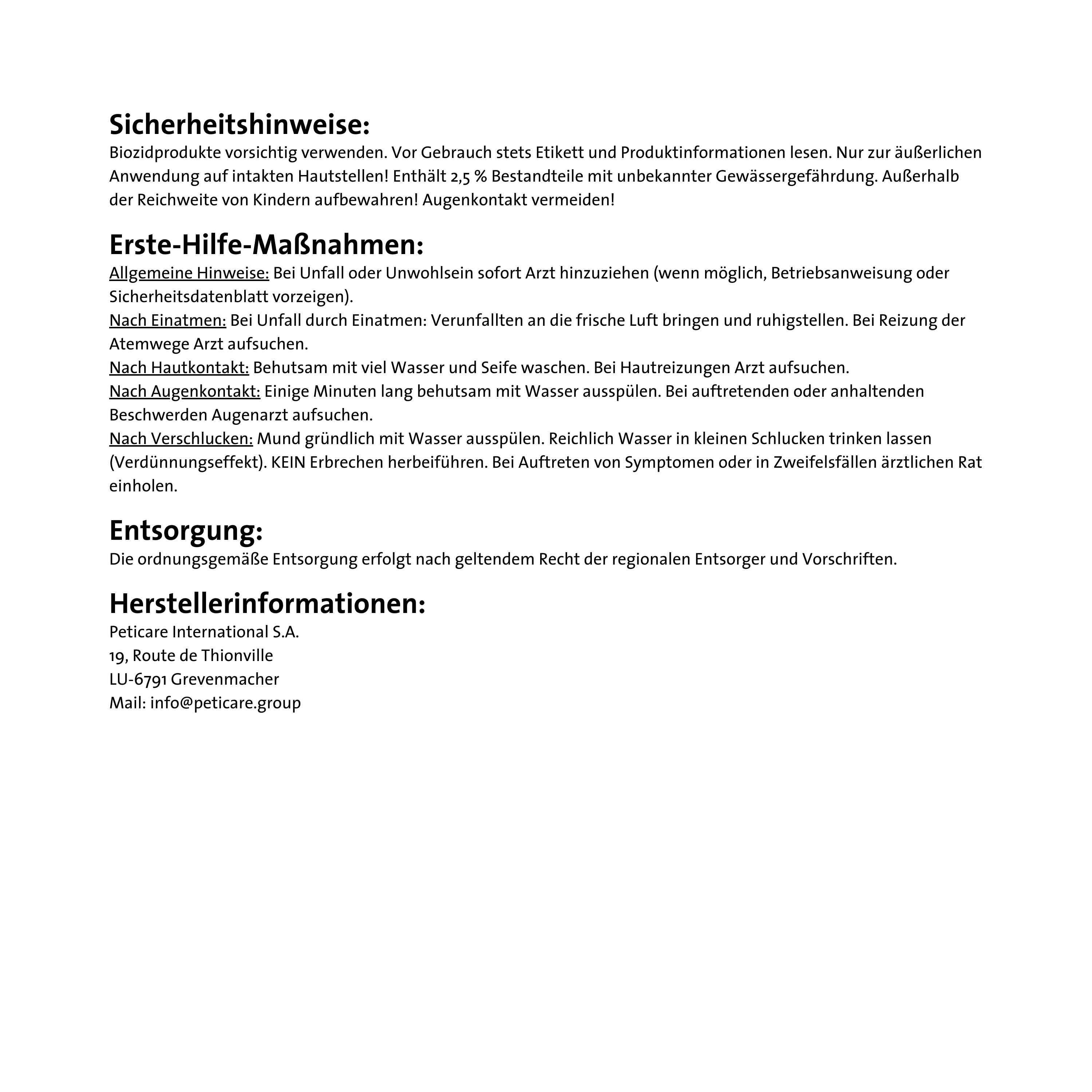 Istruzioni di sicurezza e di primo soccorso. Testo in tedesco. Contiene informazioni sull'uso e lo smaltimento del prodotto.