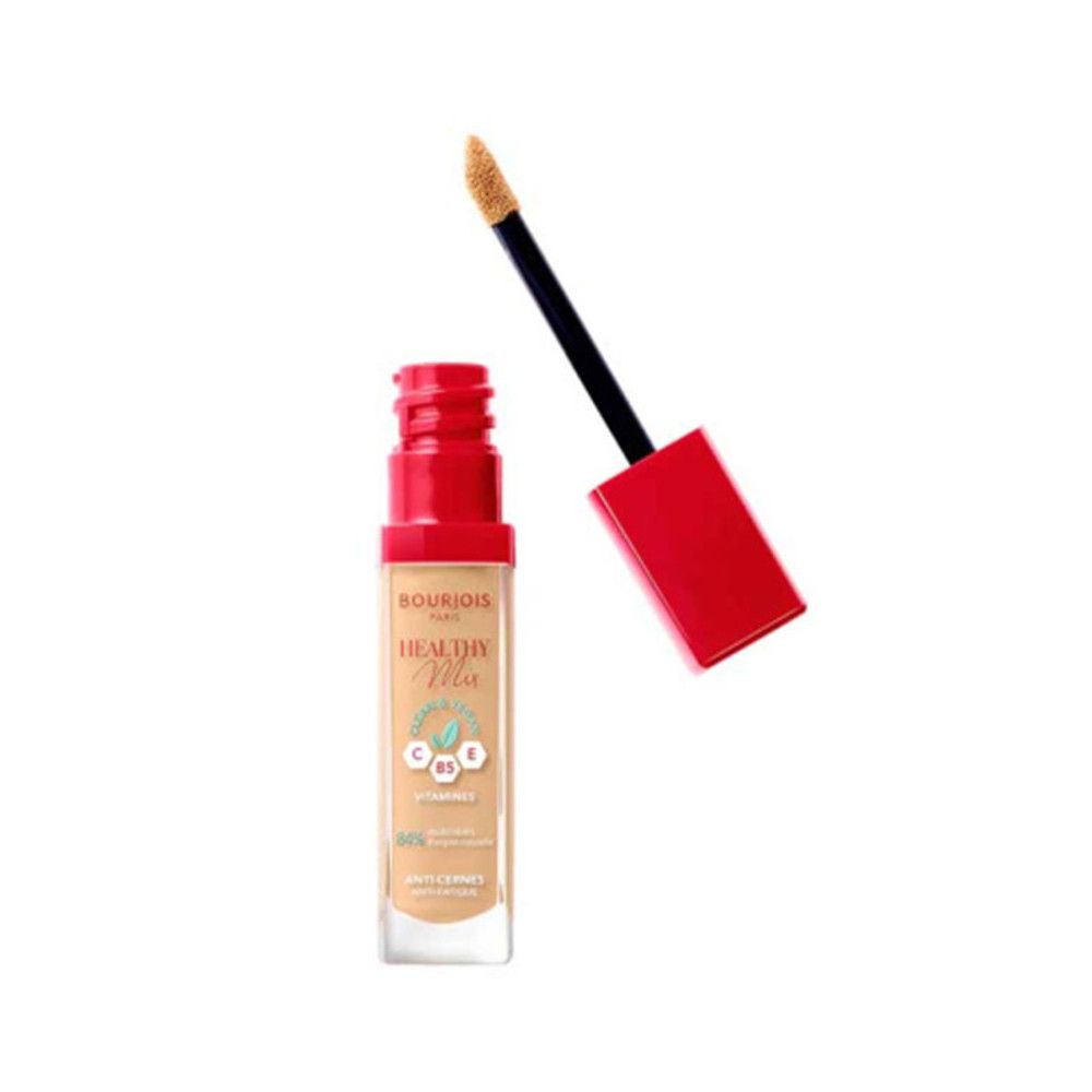 Flacone di correttore con tappo rosso e applicatore. Scritta: Bourjois, Healthy Mix, Vitamine C, E, B5. 84% ingredienti naturali.