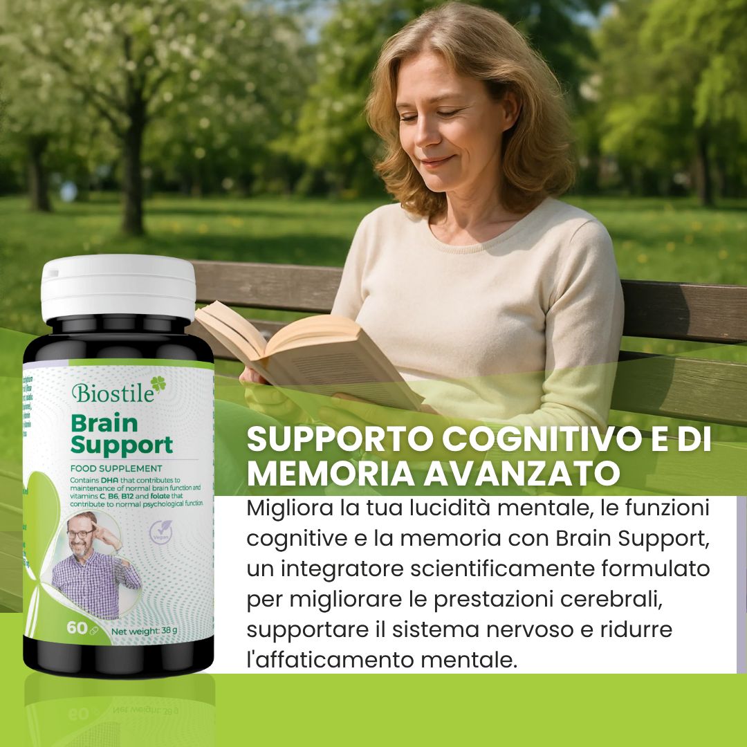 Donna legge un libro accanto al flacone Biostile Brain Support. Testo: Supporto cognitivo e di memoria avanzato.
