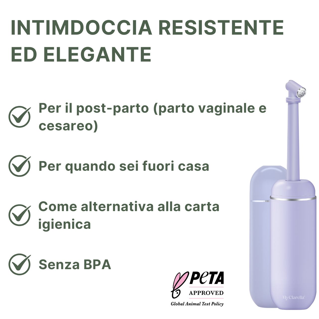 Doccia intima viola, senza BPA, approvata PETA, per post-partum e in viaggio.