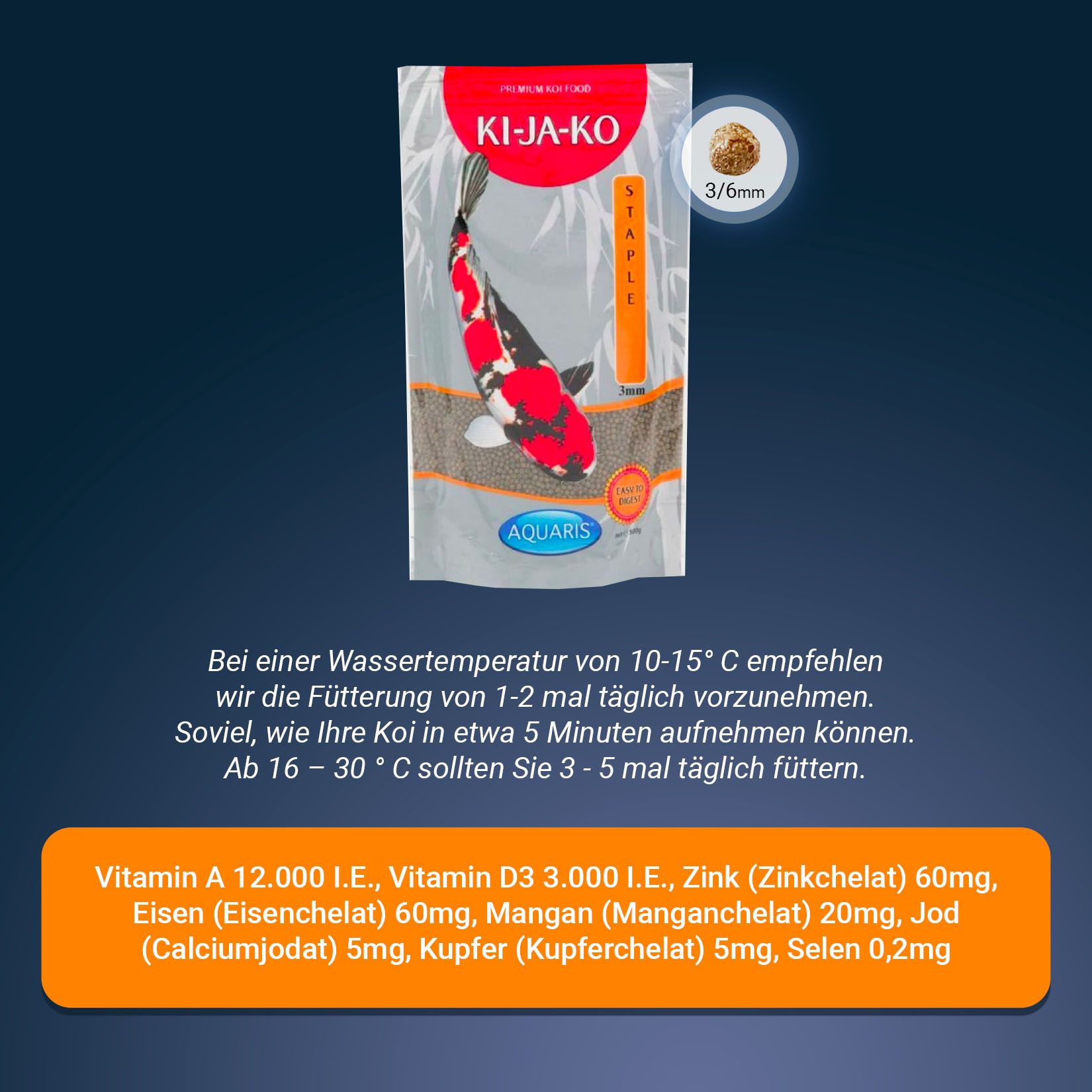 Confezione di KI-JA-KO Koifischfutter Staple 6 mm. Contiene informazioni sugli ingredienti e raccomandazioni per l'alimentazione.