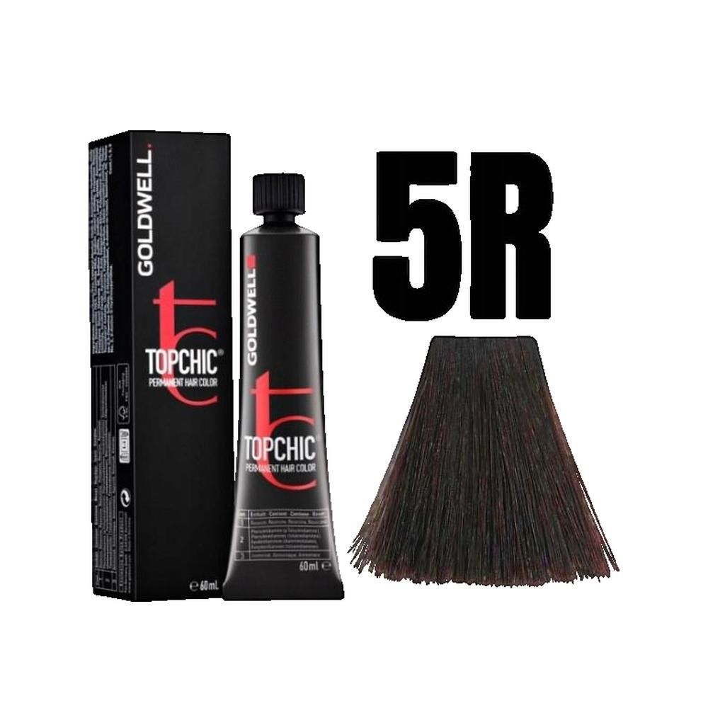 Goldwell Topchic, tubo, scatola e campione colore. Scritta: 5R. Tubo e scatola neri con logo rosso.