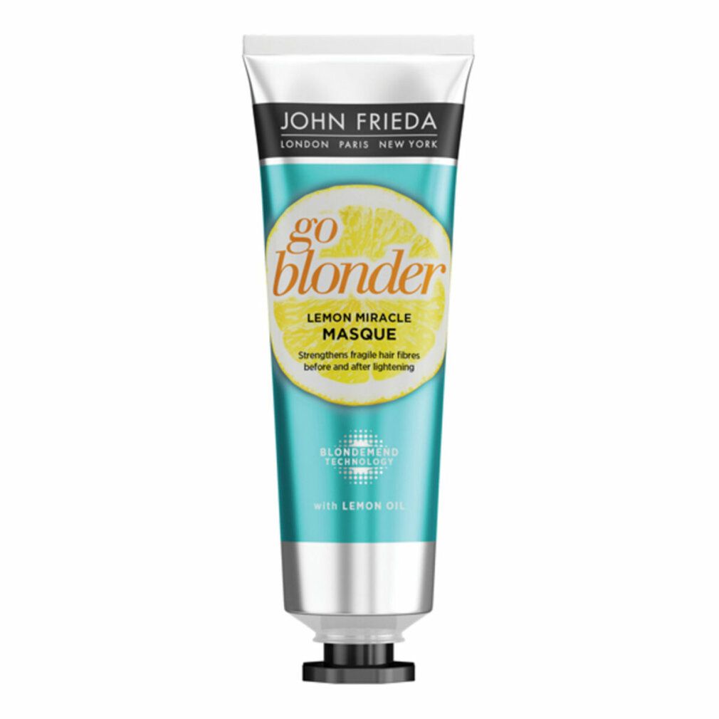 Tubo John Frieda Go Blonder Lemon Miracle Masque. Design turchese e bianco con limone. Testo: Lemon Miracle Masque.