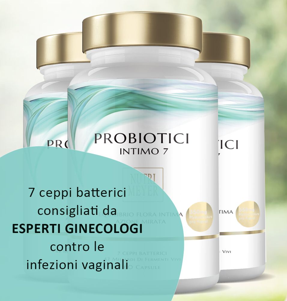 Tre flaconi con testo: PROBIOTICI INTIMO 7. Testo: 7 ceppi batterici, consigliati da ginecologi contro le infezioni vaginali.