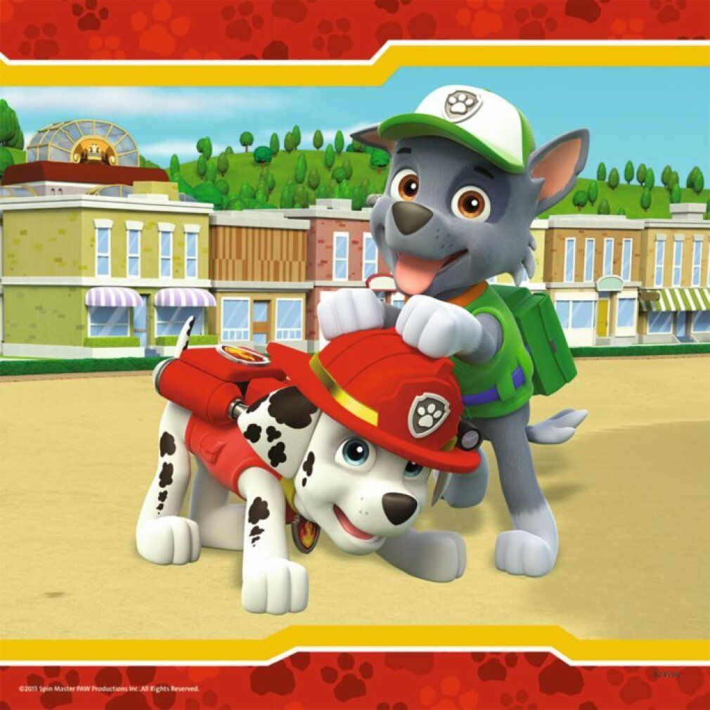 Illustrazione di due personaggi di Paw Patrol. Un cucciolo dalmata con uniforme da pompiere rossa e un cucciolo grigio con uno zaino verde.