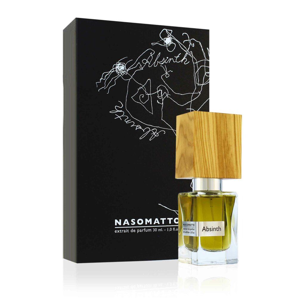 Flacone di profumo Absinth con tappo in legno e scatola nera. Sulla scatola sono visibili NASOMATTO e Absinth.