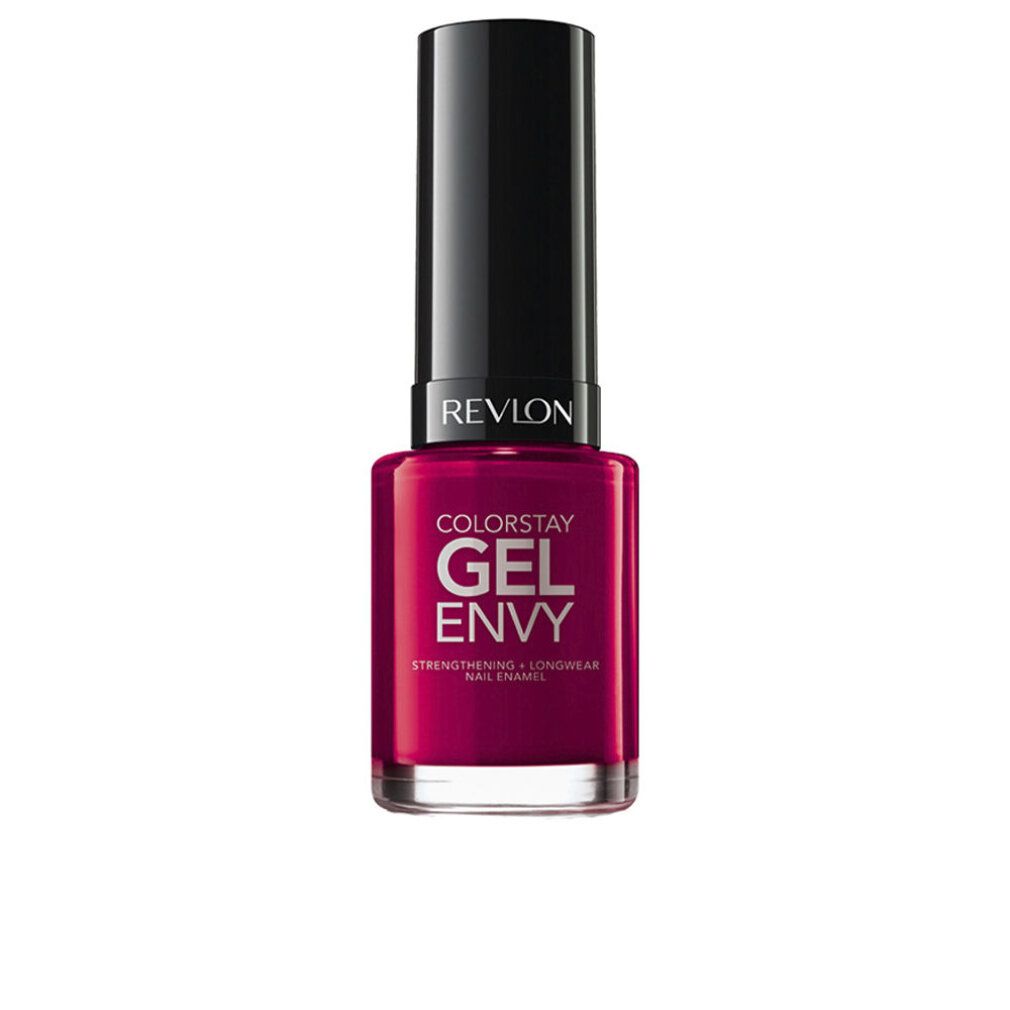 Flacone di smalto rosa. Tappo nero. Scritta: Revlon Colorstay Gel Envy.