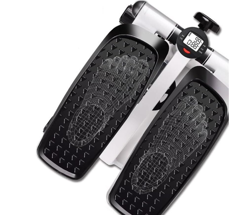 Primo piano delle pedane nere di un mini stepper. Superfici strutturate. Display digitale.