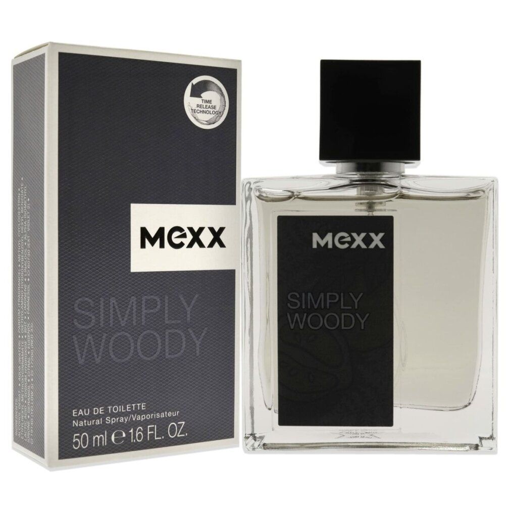 Mexx Simply Woody Eau de Toilette. Flacone e confezione. Scritta nera su sfondo bianco. 50 ml.