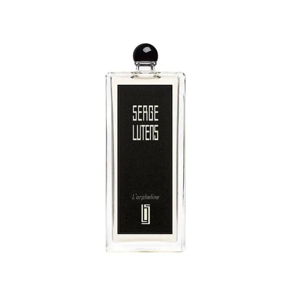 Flacone rettangolare con etichetta nera. Scritta Serge Lutens, L'orpheline. Tappo nero.