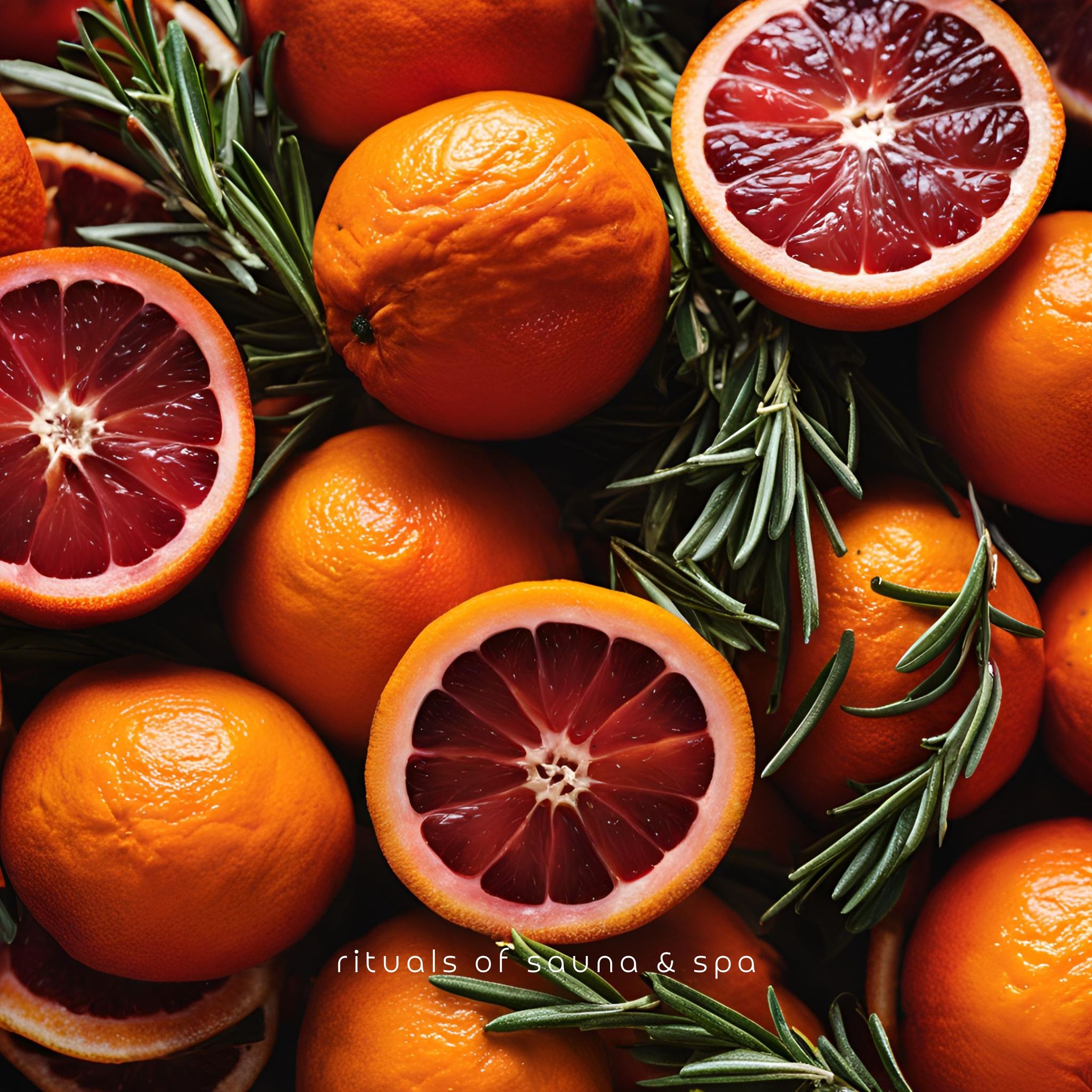 Arance rosse intere e tagliate, con rametti di rosmarino. La polpa rossa è visibile nelle metà di arancia.