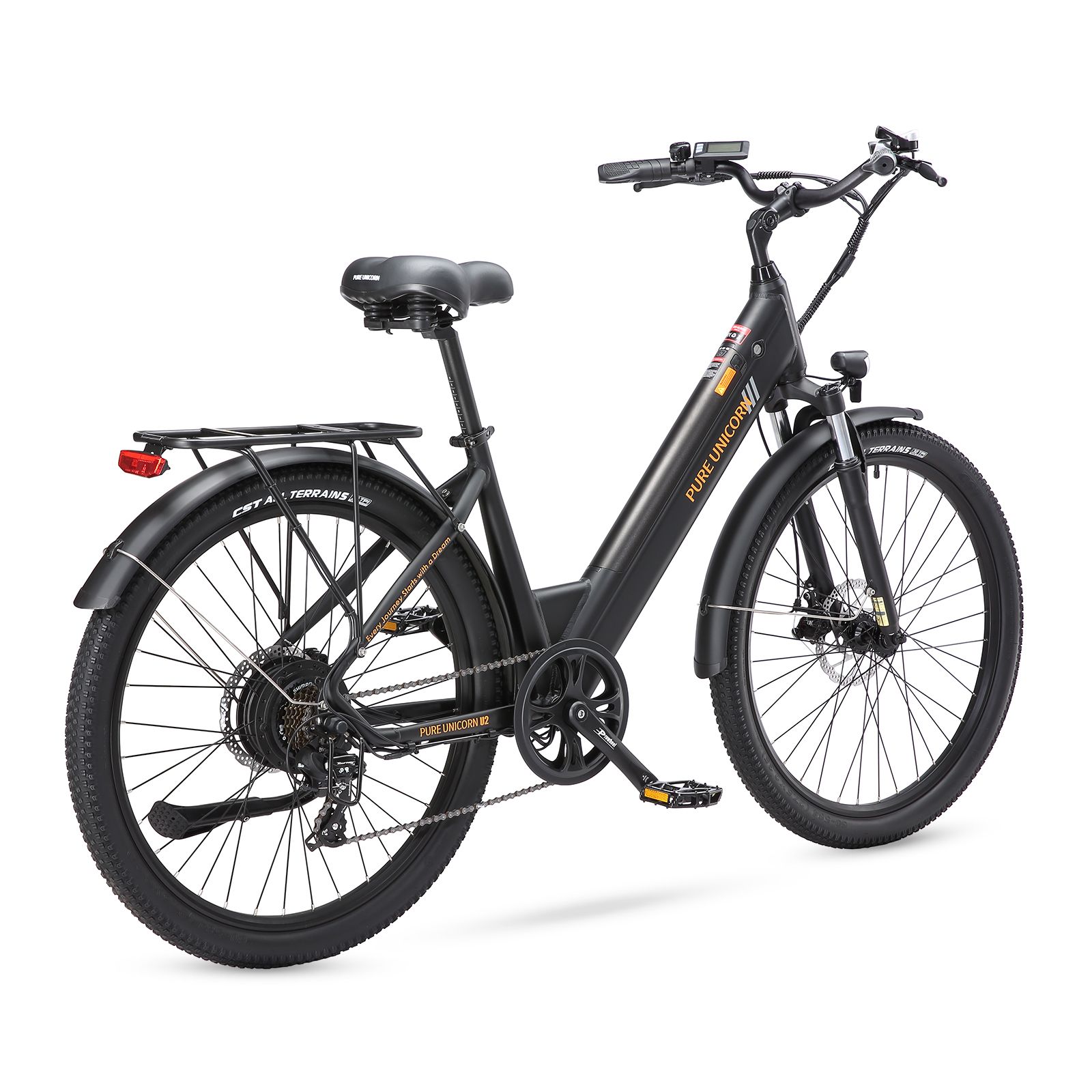E-bike nera con scritta gialla PURE UNICORN. Portapacchi, parafanghi e fanalino posteriore.