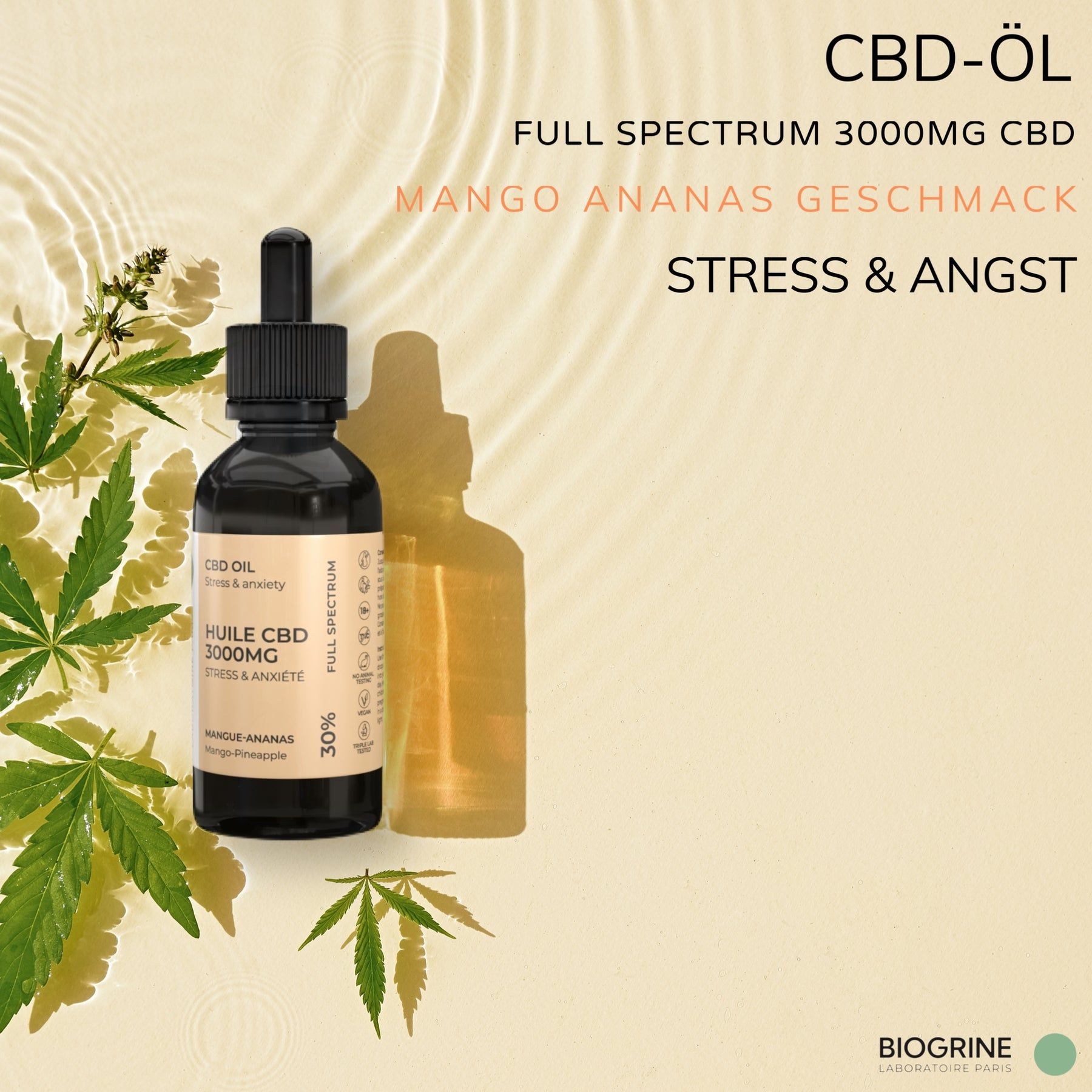 Flacone di vetro marrone con contagocce, circondato da foglie. Scritta: CBD Oil, 3000mg, Mango-Ananas. Sfondo con testo.